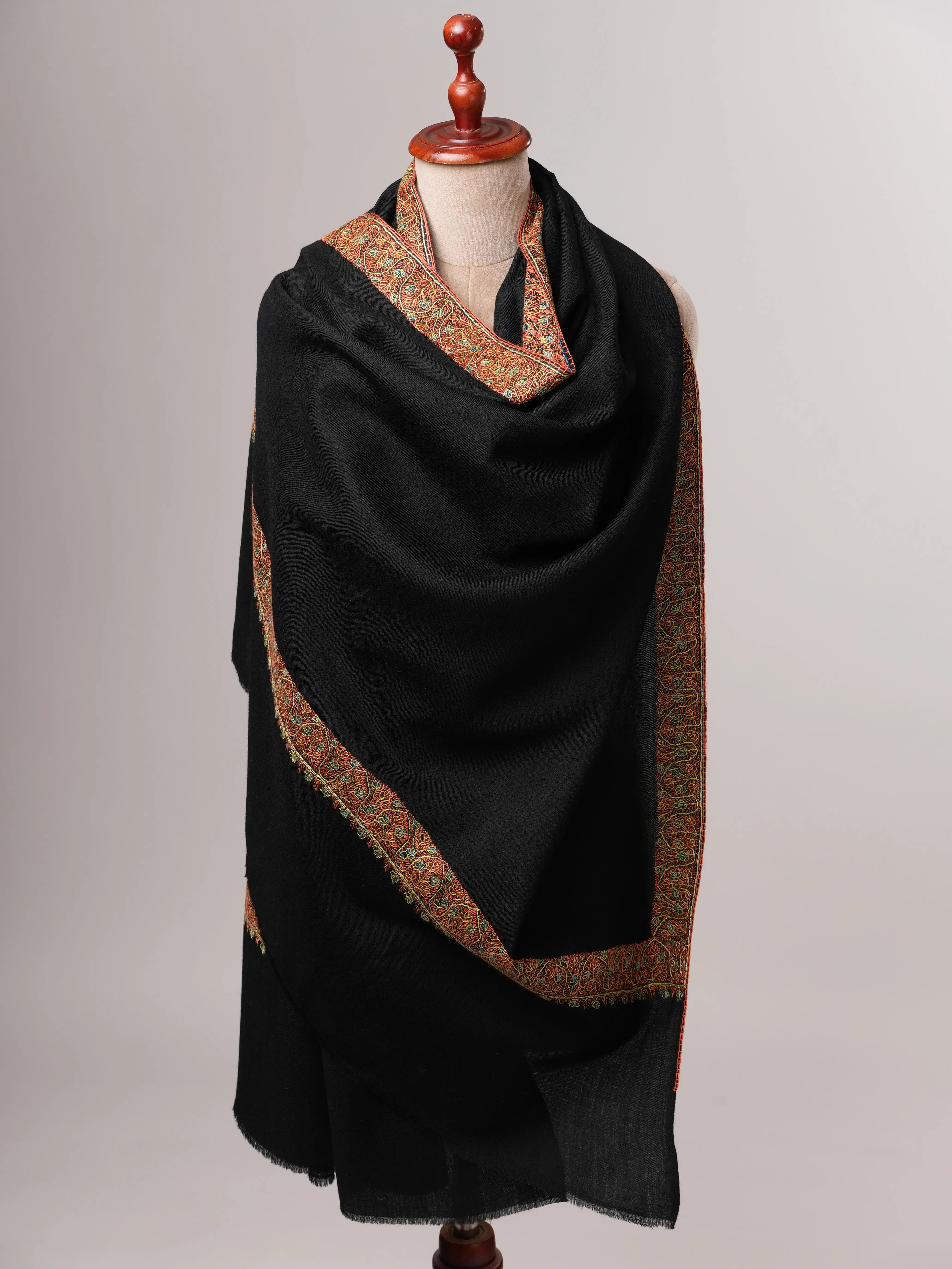 Black Fine Wool Hand Embroidered Neemdaur Shawl Shahkaar