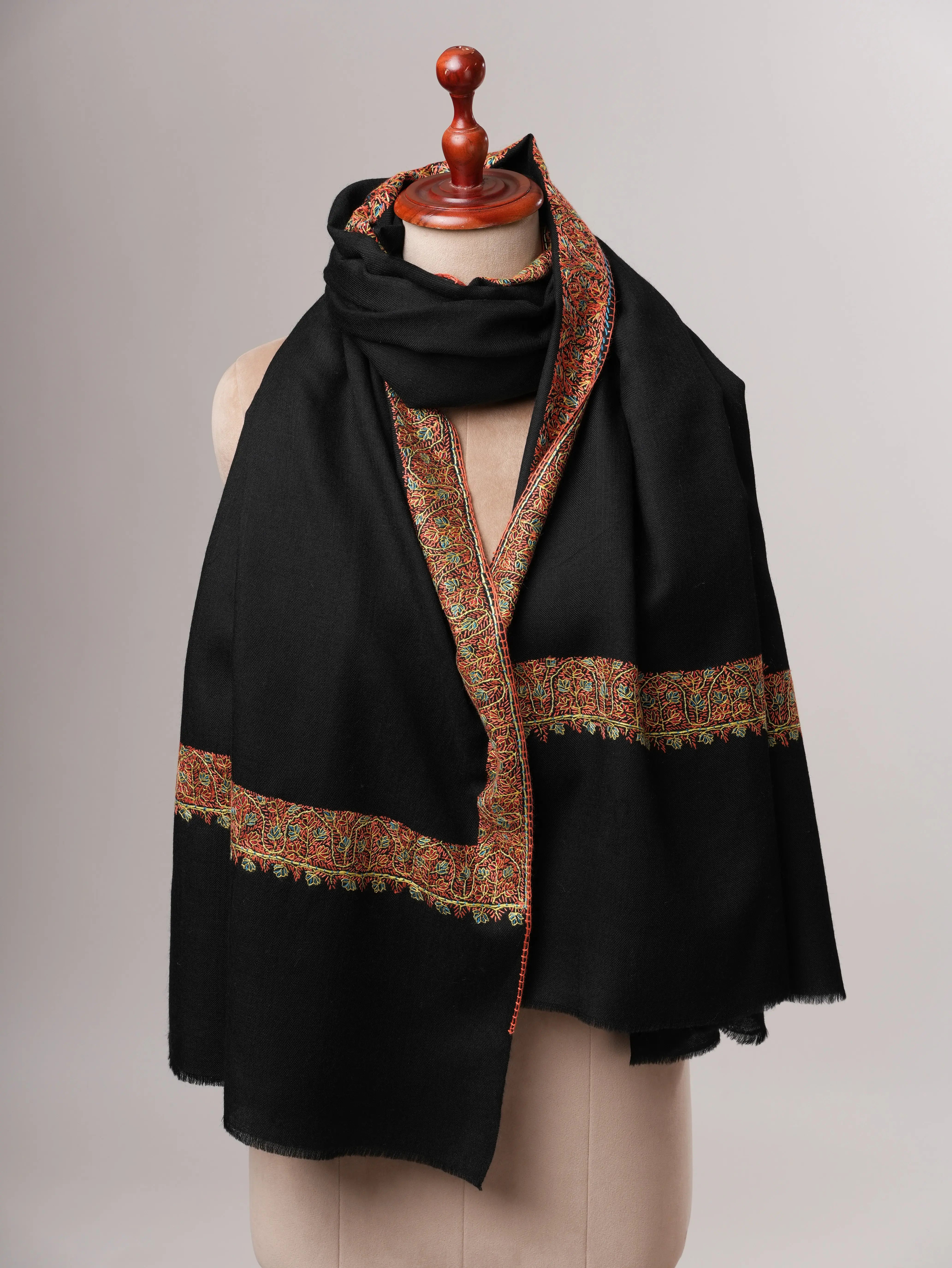 Black Fine Wool Hand Embroidered Neemdaur Shawl Shahkaar