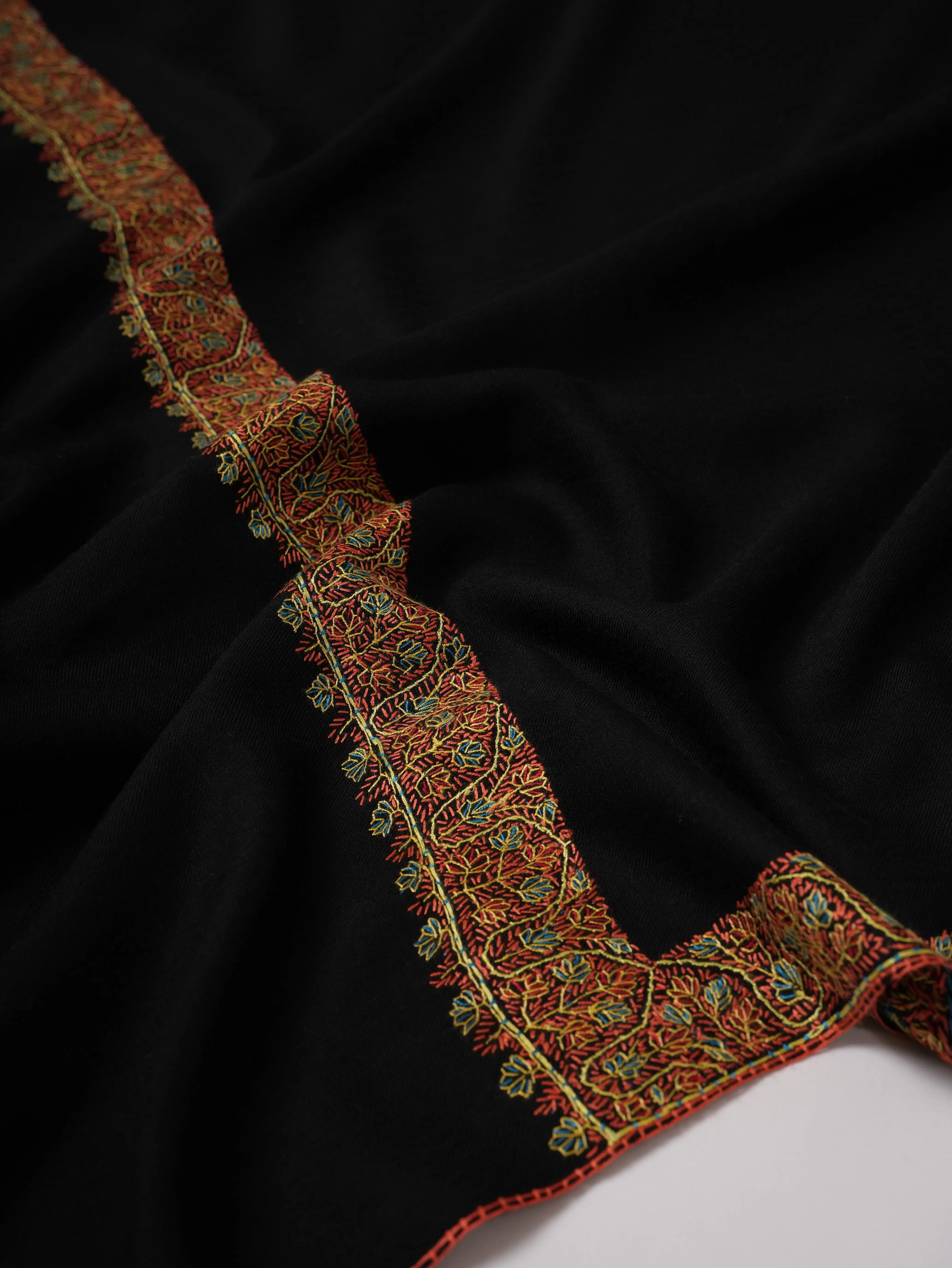 Black Fine Wool Hand Embroidered Neemdaur Shawl Shahkaar