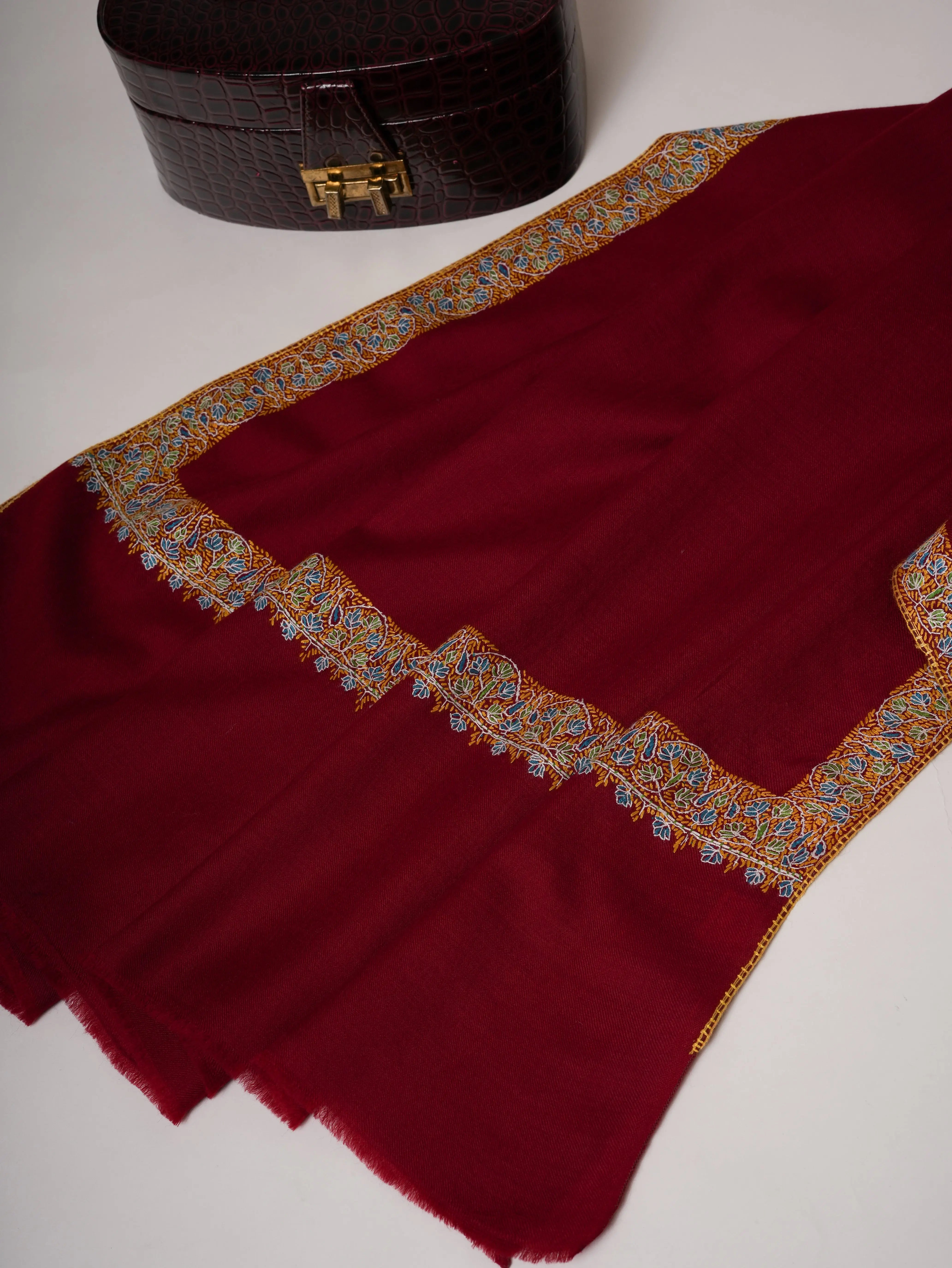 Red Neemdaur Hand Embroidered Pure Wool Soft Shawl Shahkaar
