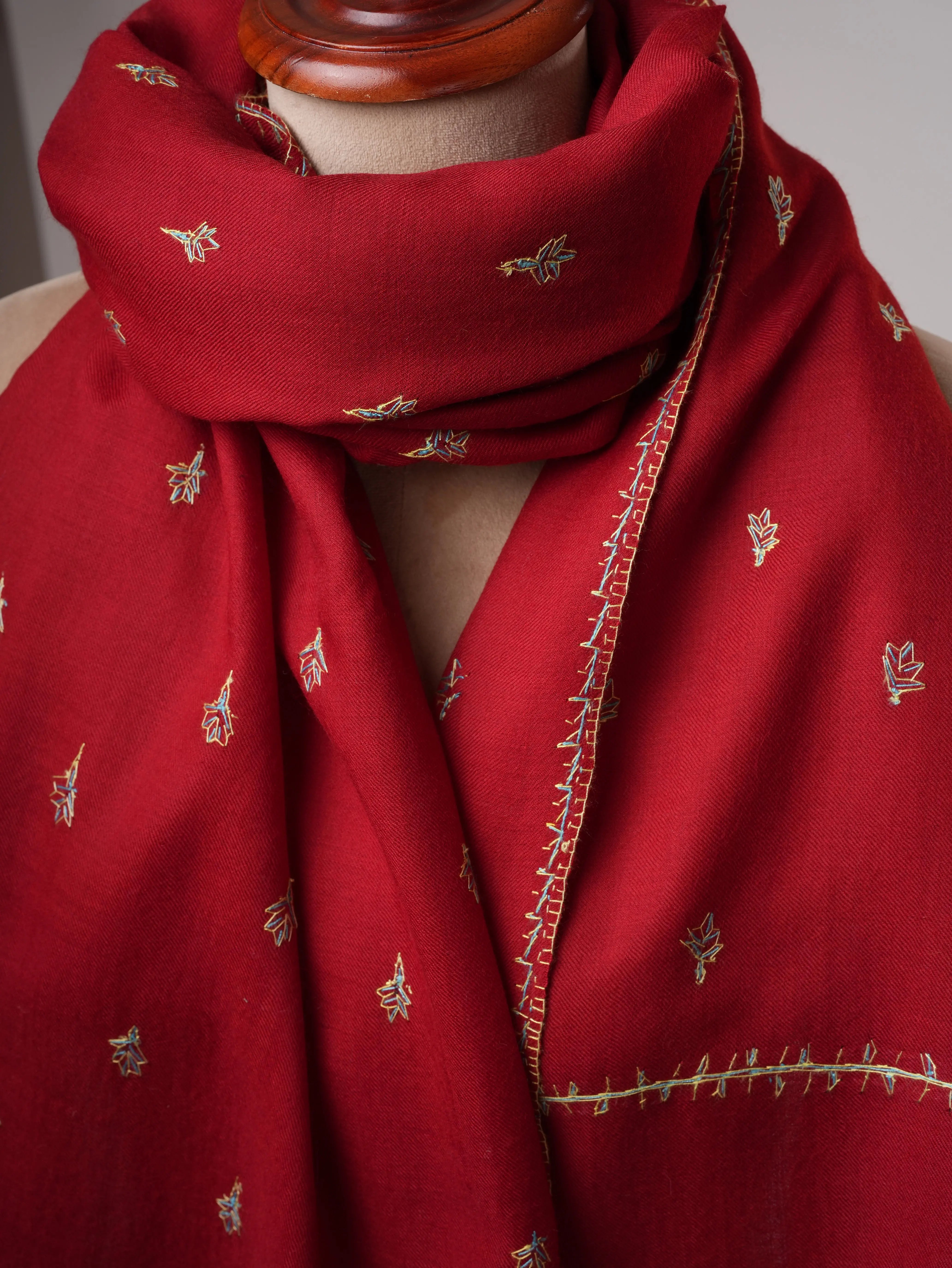 Maroon Fine Wool Hand Embroidered Machie Booti Shawl Shahkaar