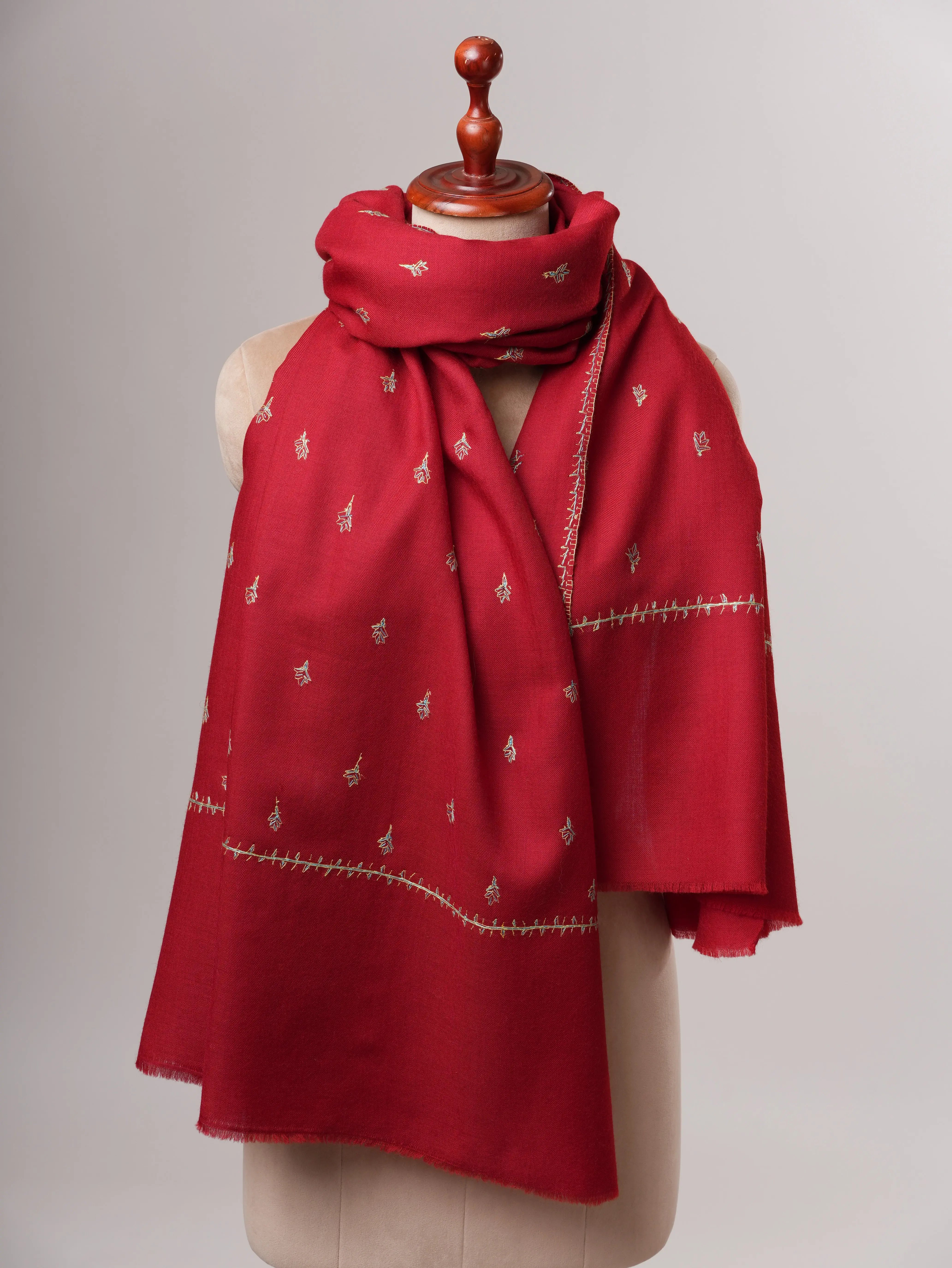 Maroon Fine Wool Hand Embroidered Machie Booti Shawl Shahkaar
