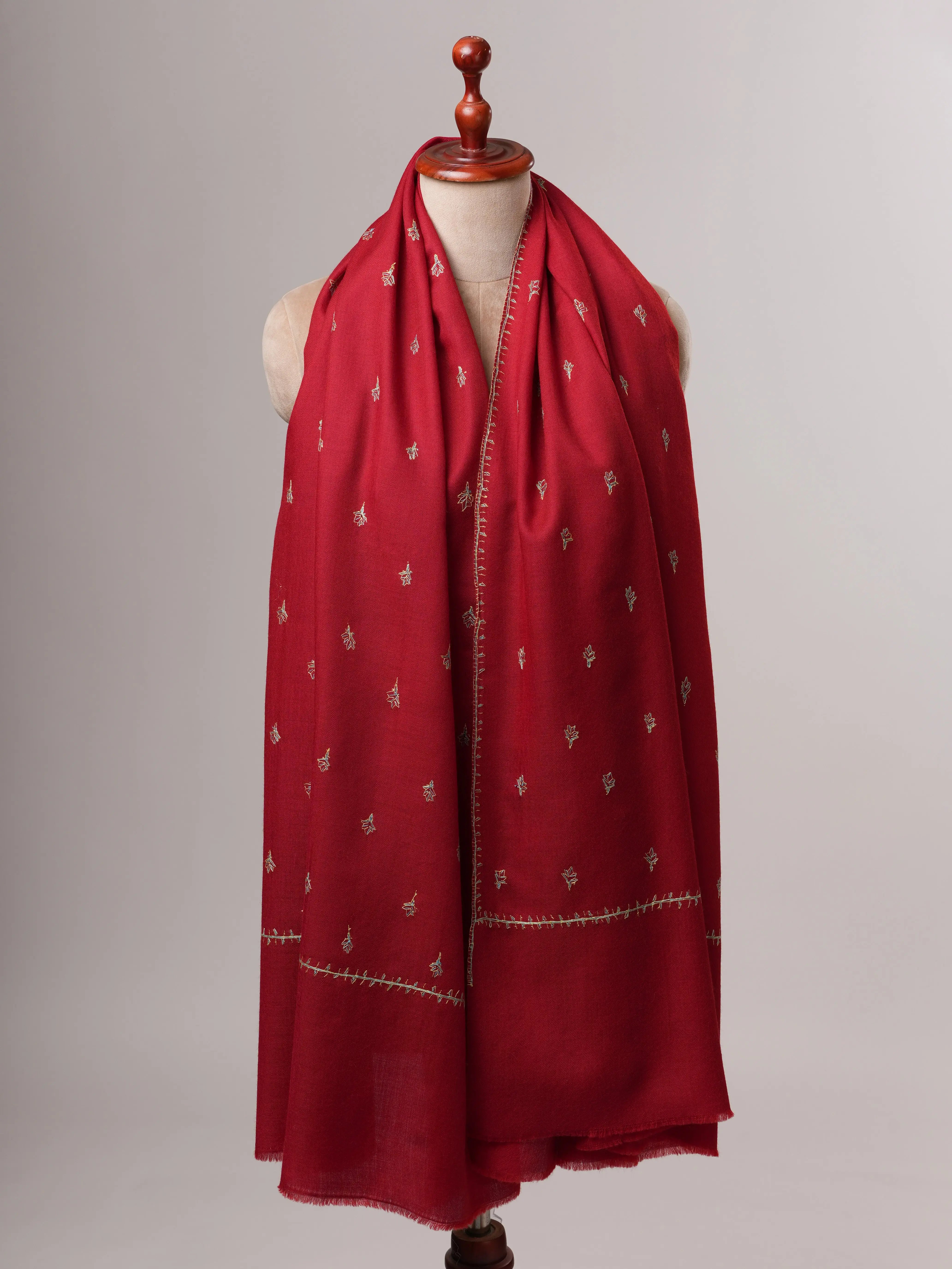 Maroon Fine Wool Hand Embroidered Machie Booti Shawl Shahkaar