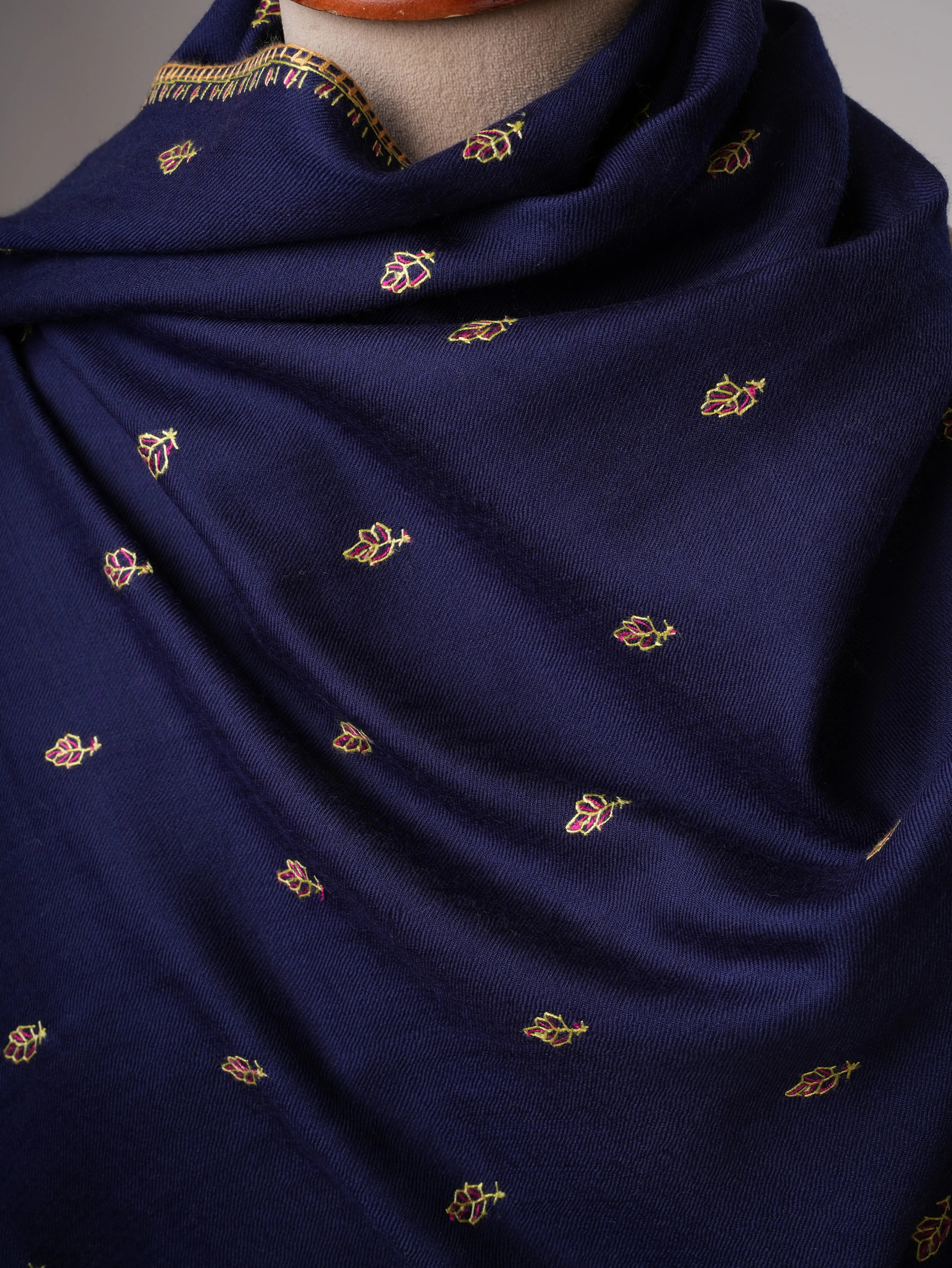 Mache Booti Navy Blue Fine Wool Hand Embroidered Shawl Shahkaar