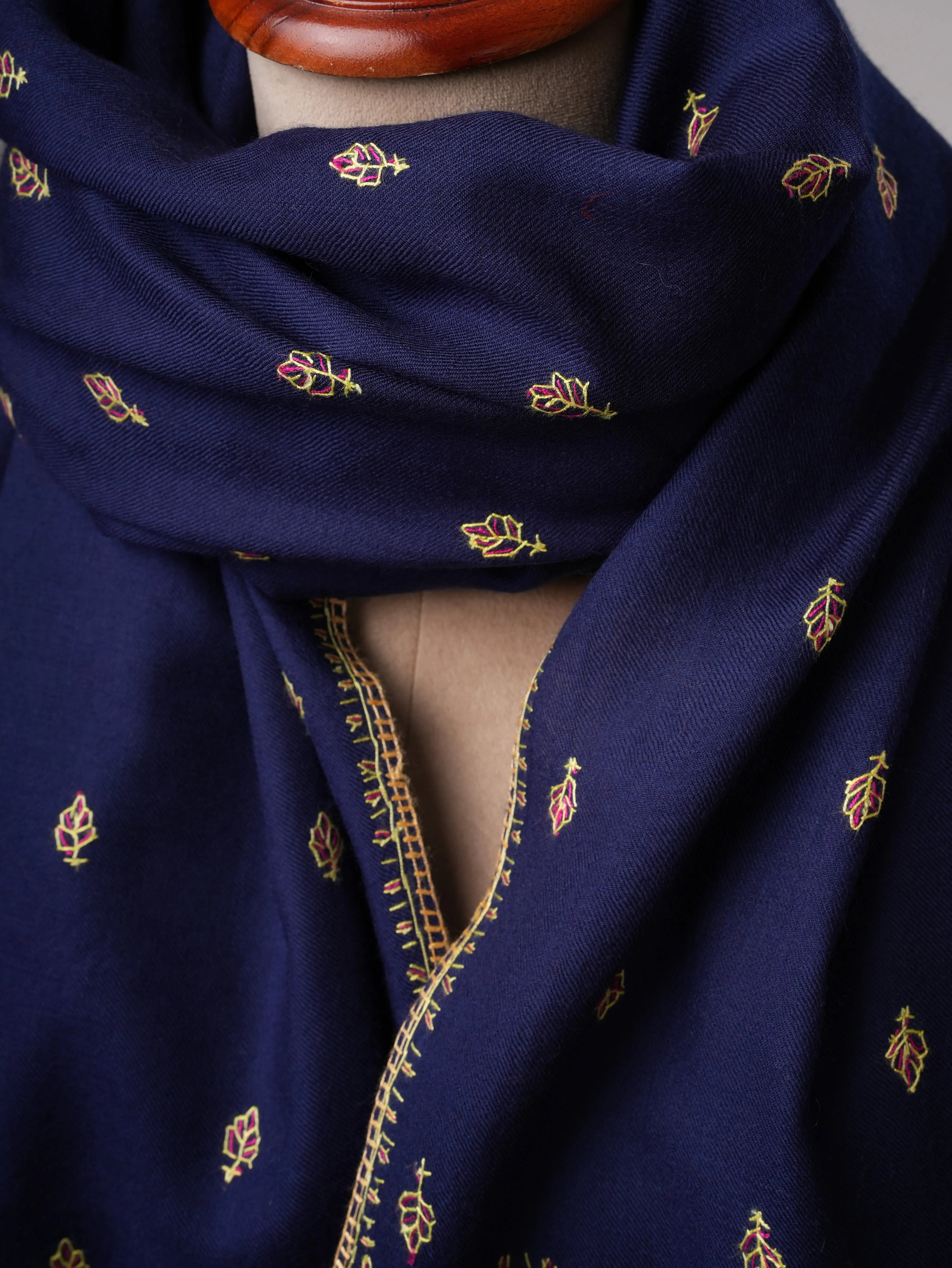 Mache Booti Navy Blue Fine Wool Hand Embroidered Shawl Shahkaar