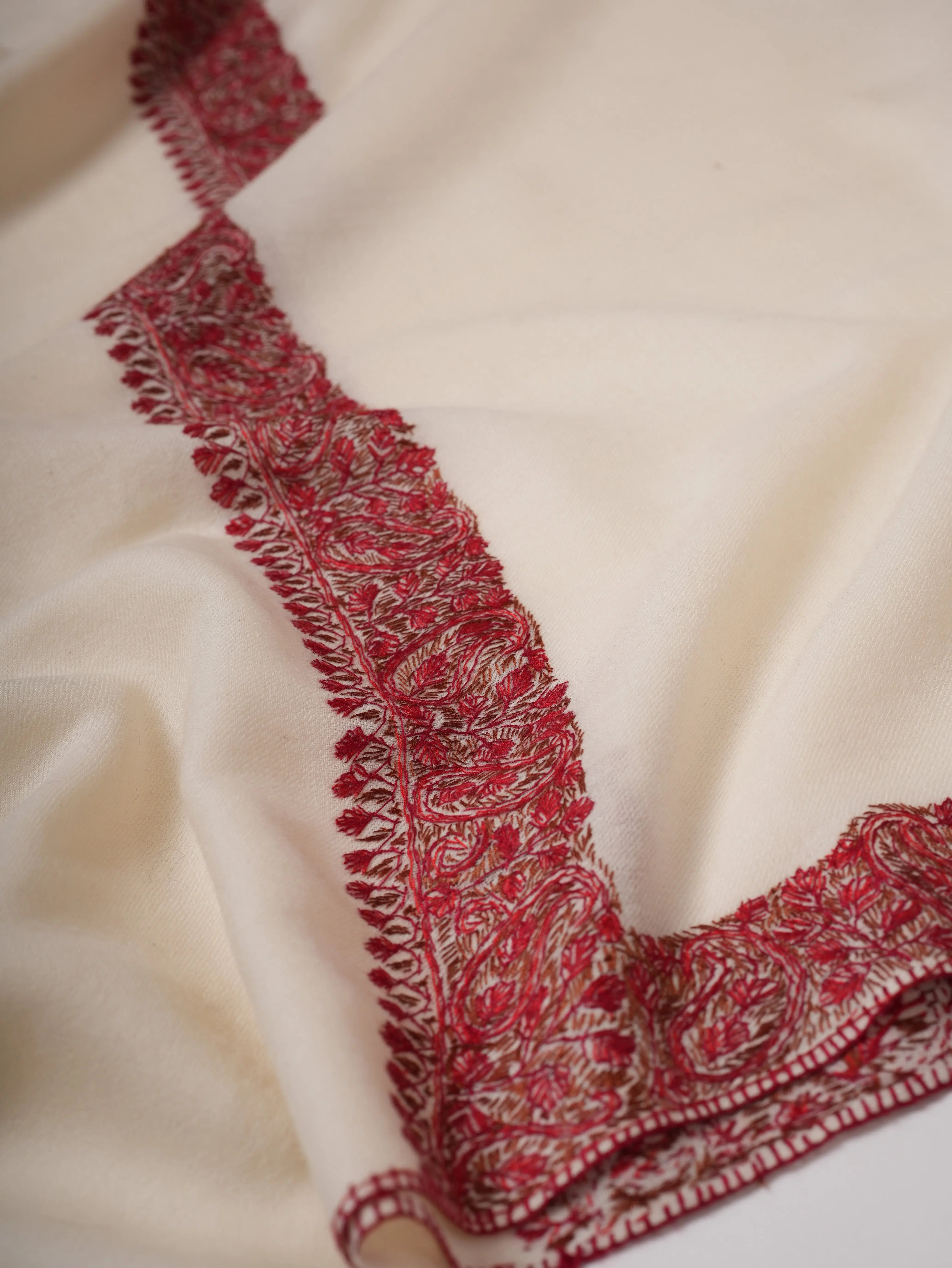 White Fine Wool Shawl with Neemdaur Hand Embroidery Shahkaar