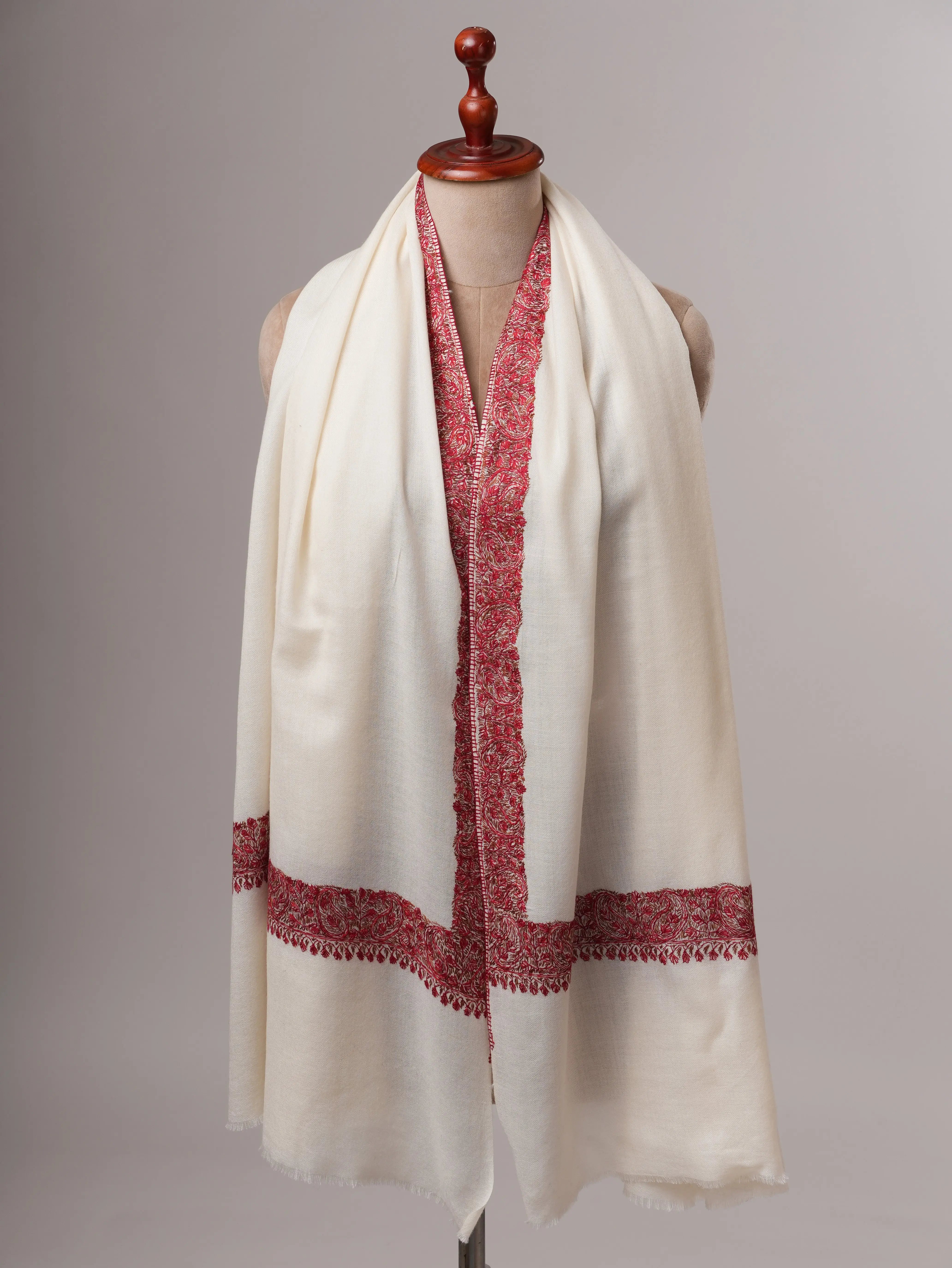 White Fine Wool Shawl with Neemdaur Hand Embroidery Shahkaar