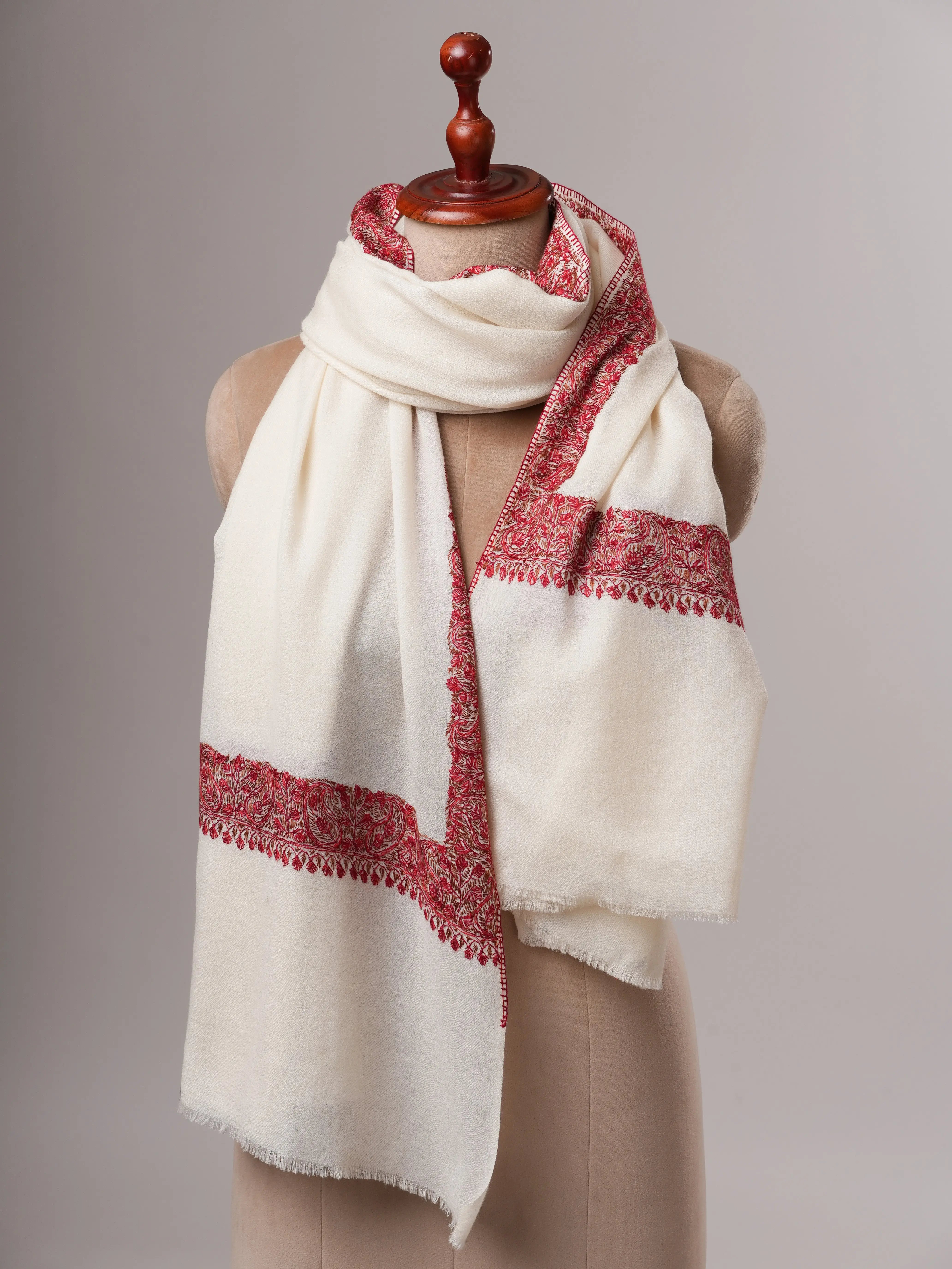 White Fine Wool Shawl with Neemdaur Hand Embroidery Shahkaar