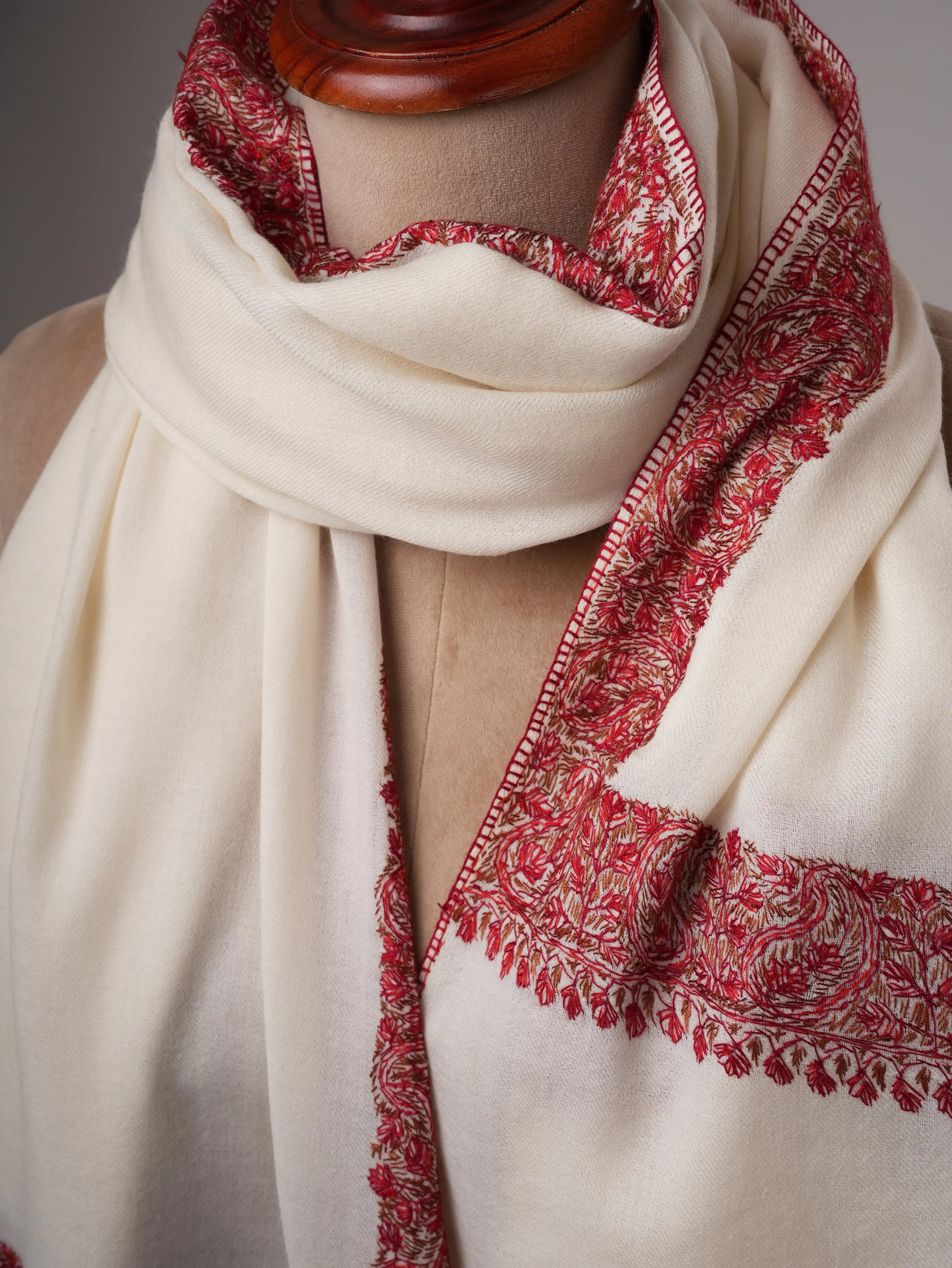White Fine Wool Shawl with Neemdaur Hand Embroidery Shahkaar
