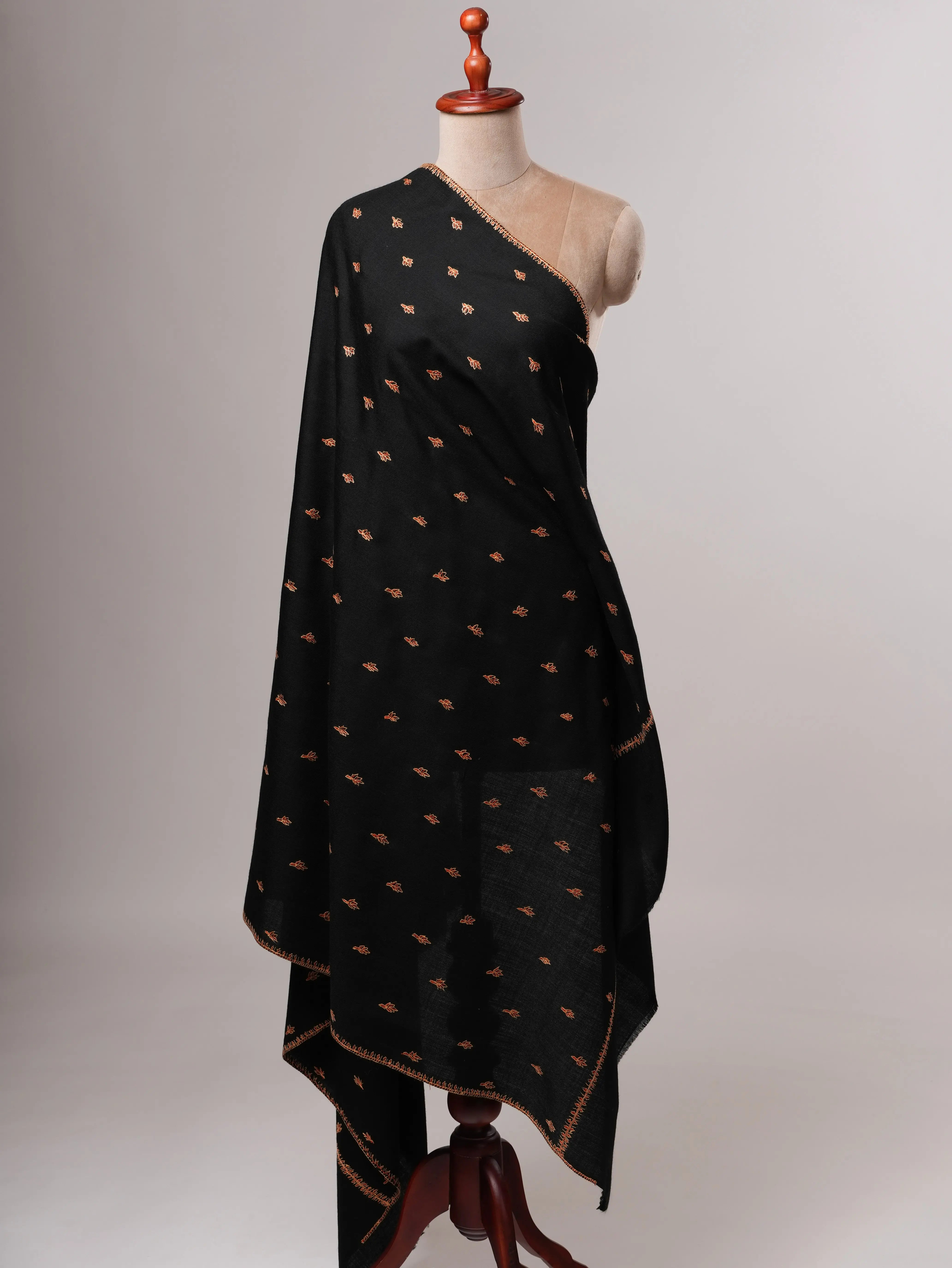 Artisan Made Black Fine Wool Shawl Featuring Mache Booti Motifs Shahkaar