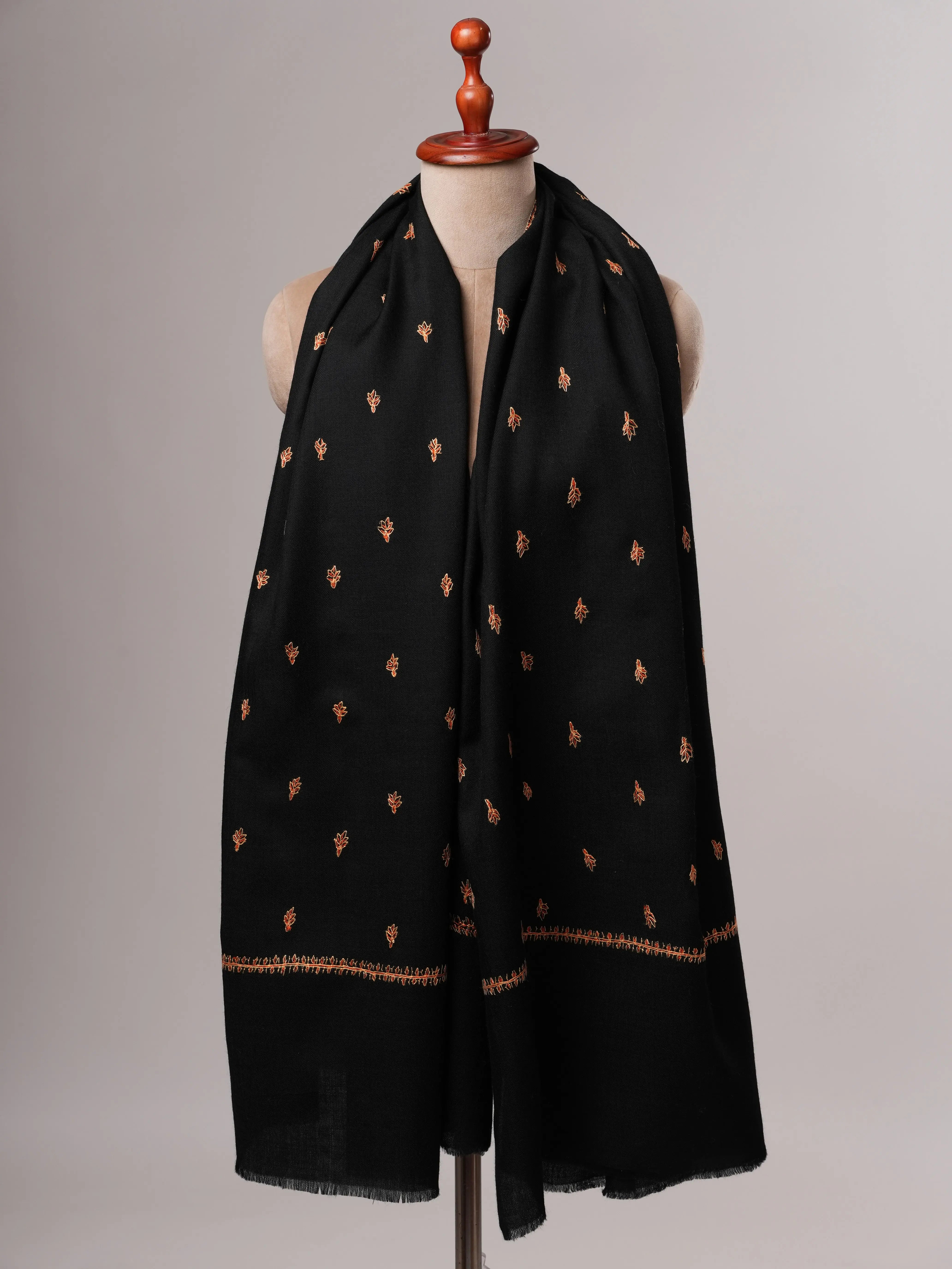 Artisan Made Black Fine Wool Shawl Featuring Mache Booti Motifs Shahkaar