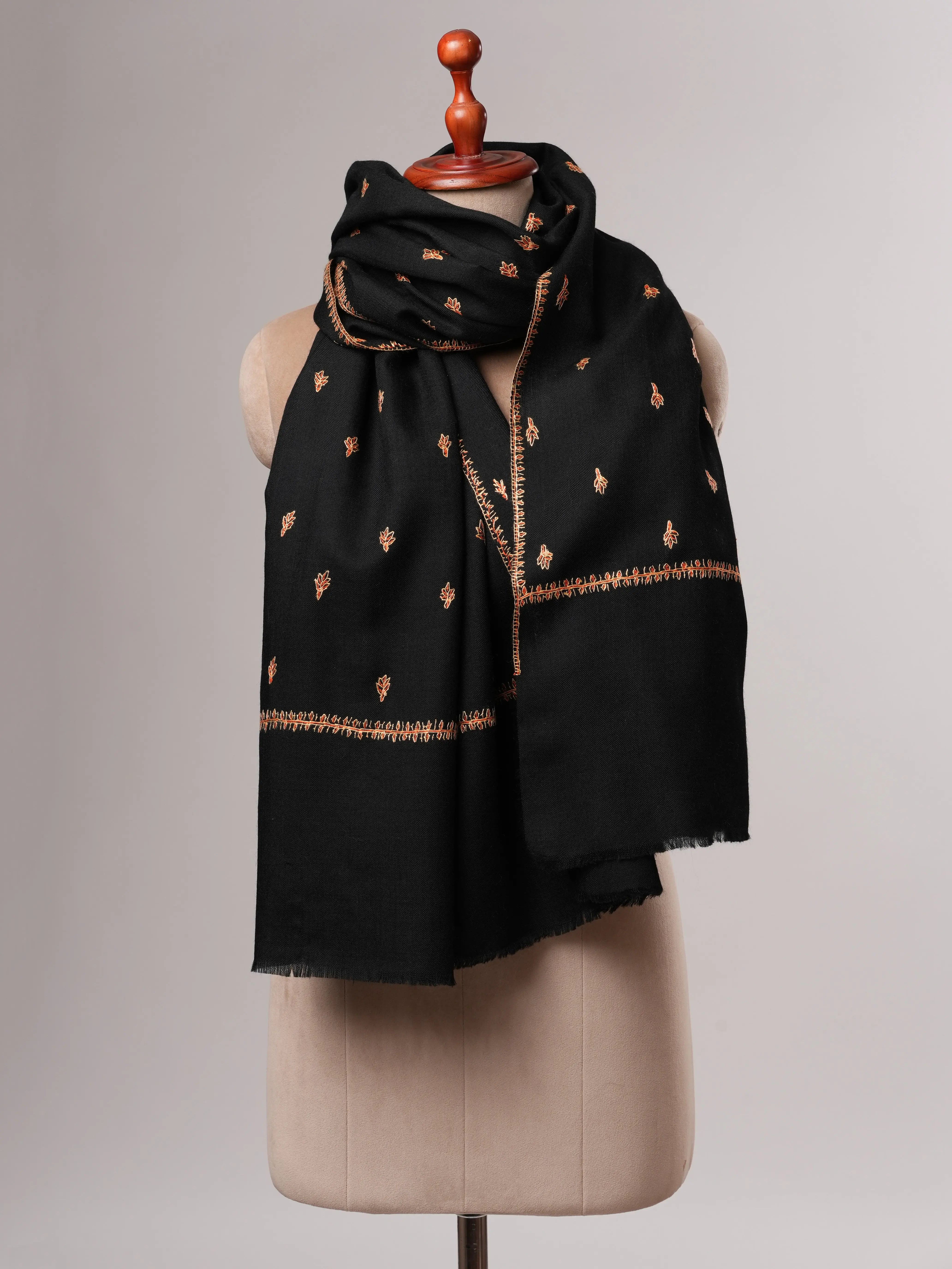 Artisan Made Black Fine Wool Shawl Featuring Mache Booti Motifs Shahkaar