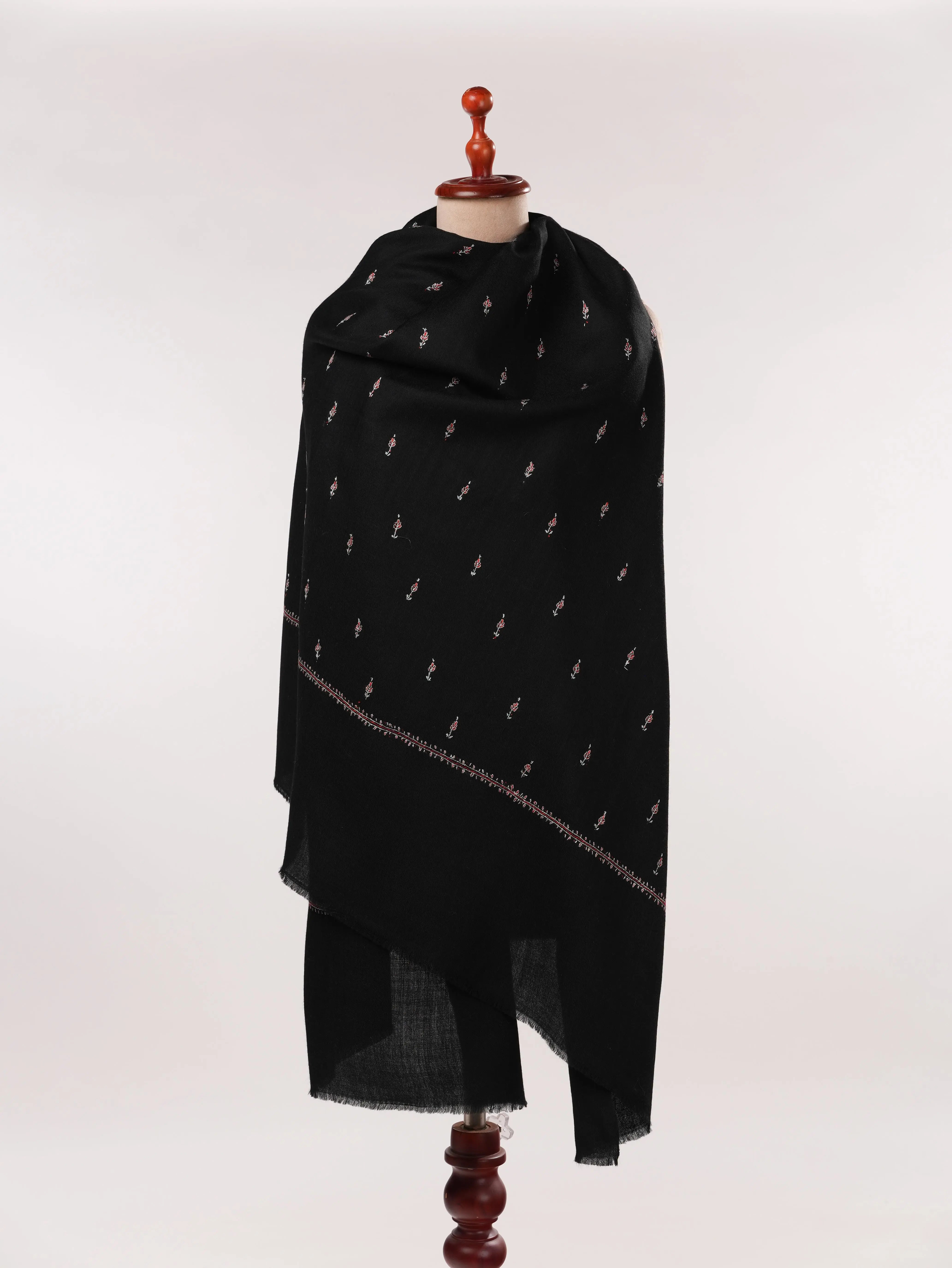 Buteh Hand Sozni Embroidered Black Kashmiri Fine Wool Shawl Shahkaar.com