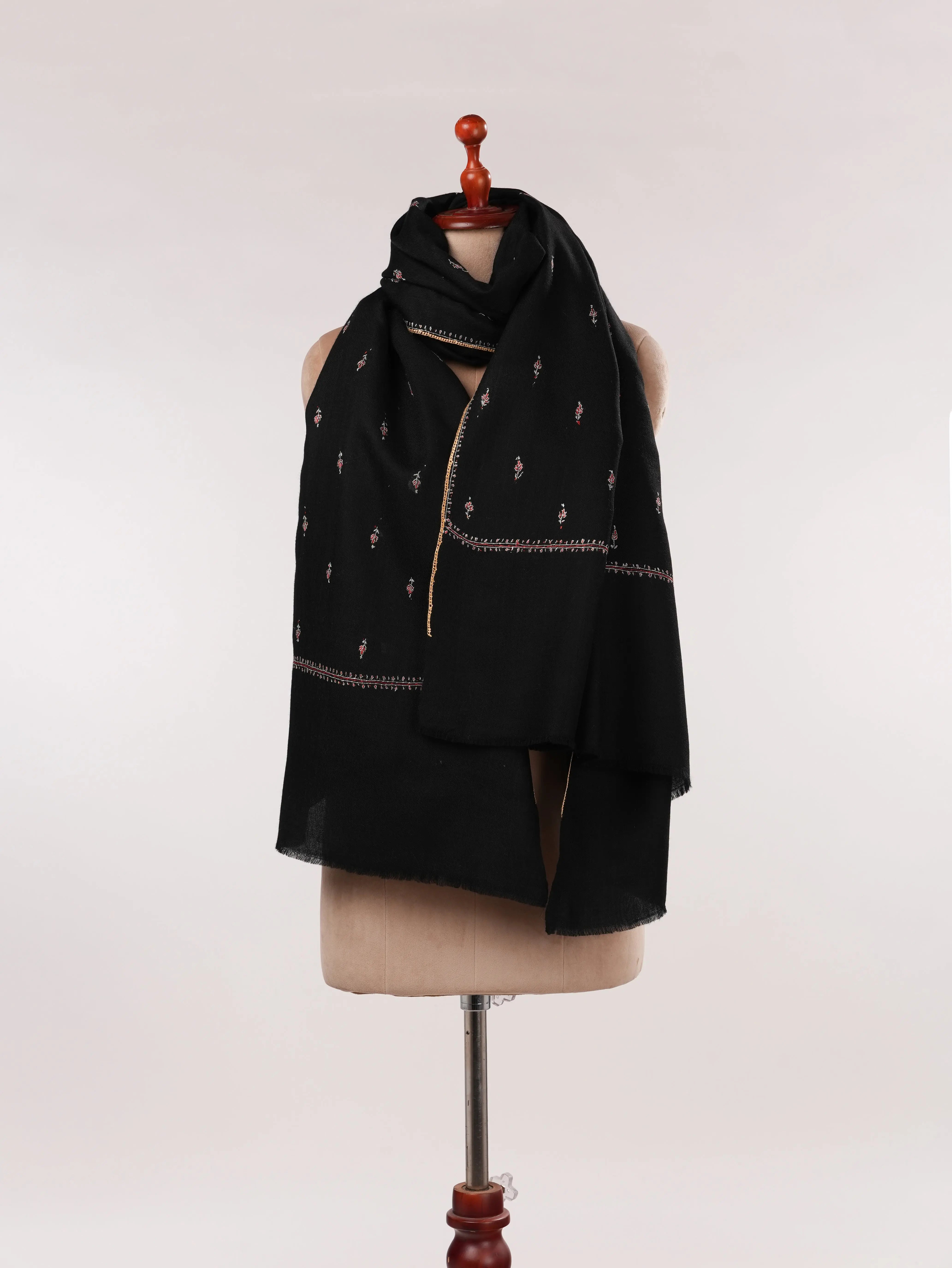 Buteh Hand Sozni Embroidered Black Kashmiri Fine Wool Shawl Shahkaar.com