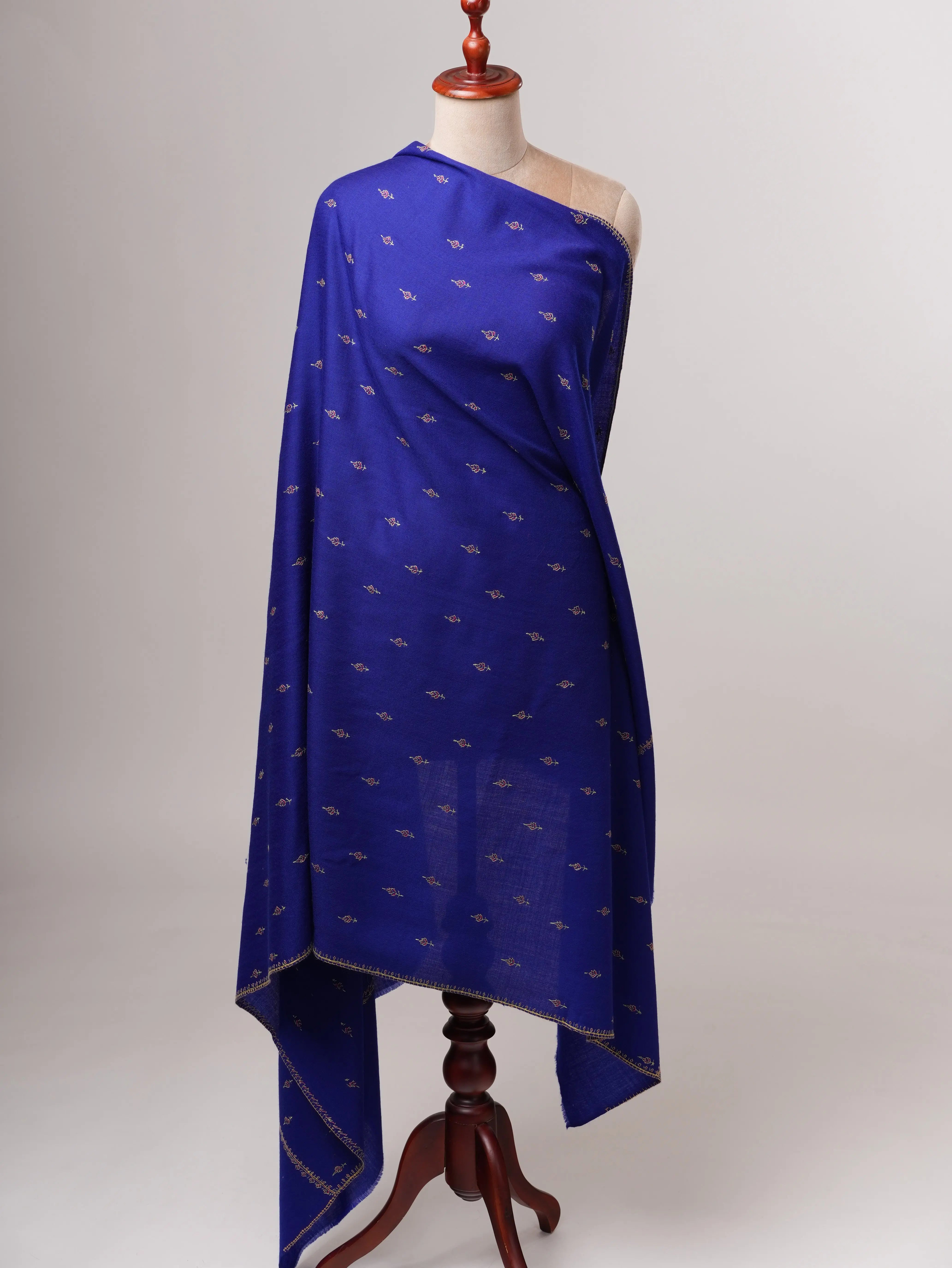 Handcrafted Royal Blue Mache Booti Embroidered Wool Shawl Shahkaar
