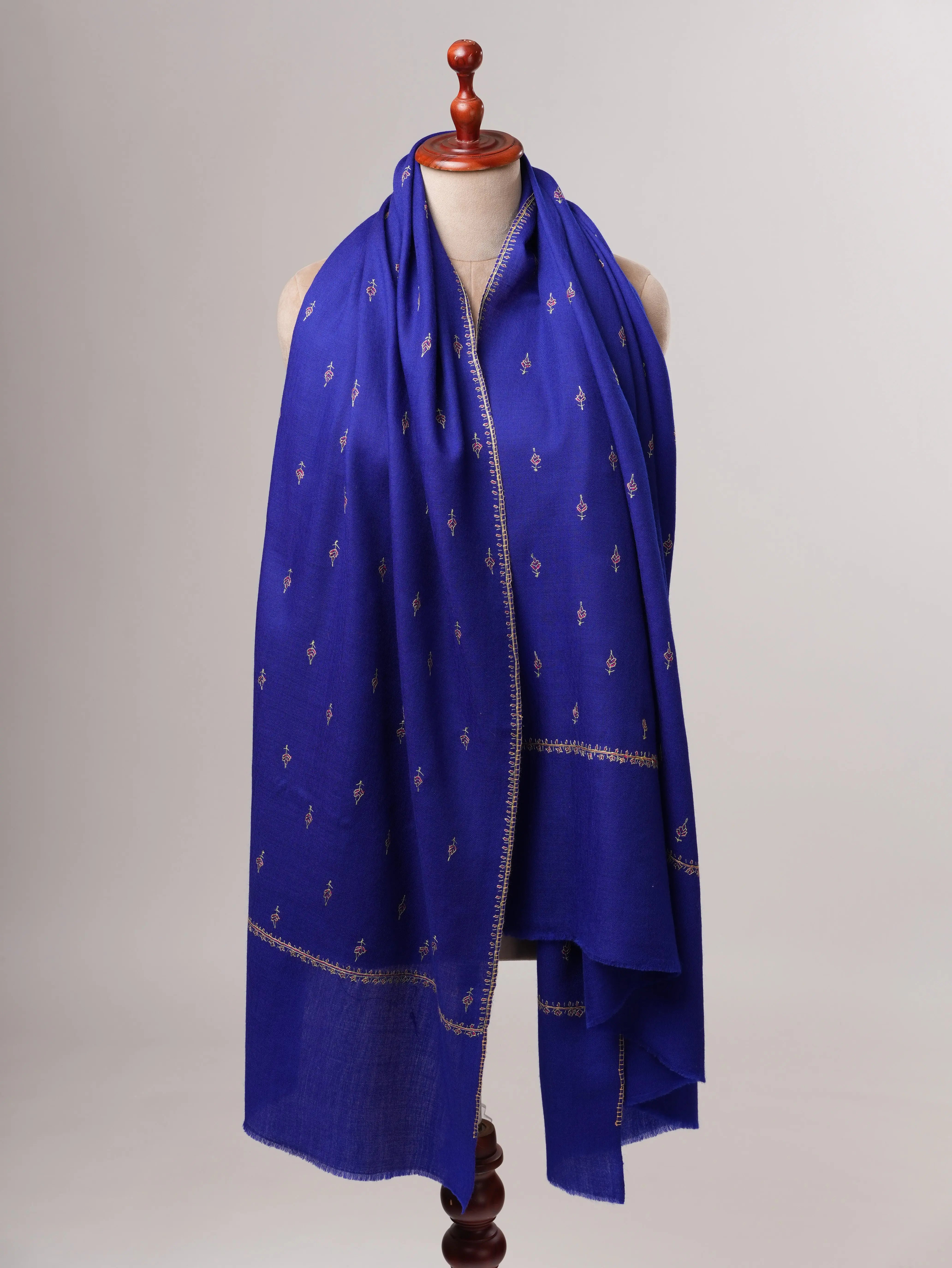 Handcrafted Royal Blue Mache Booti Embroidered Wool Shawl Shahkaar