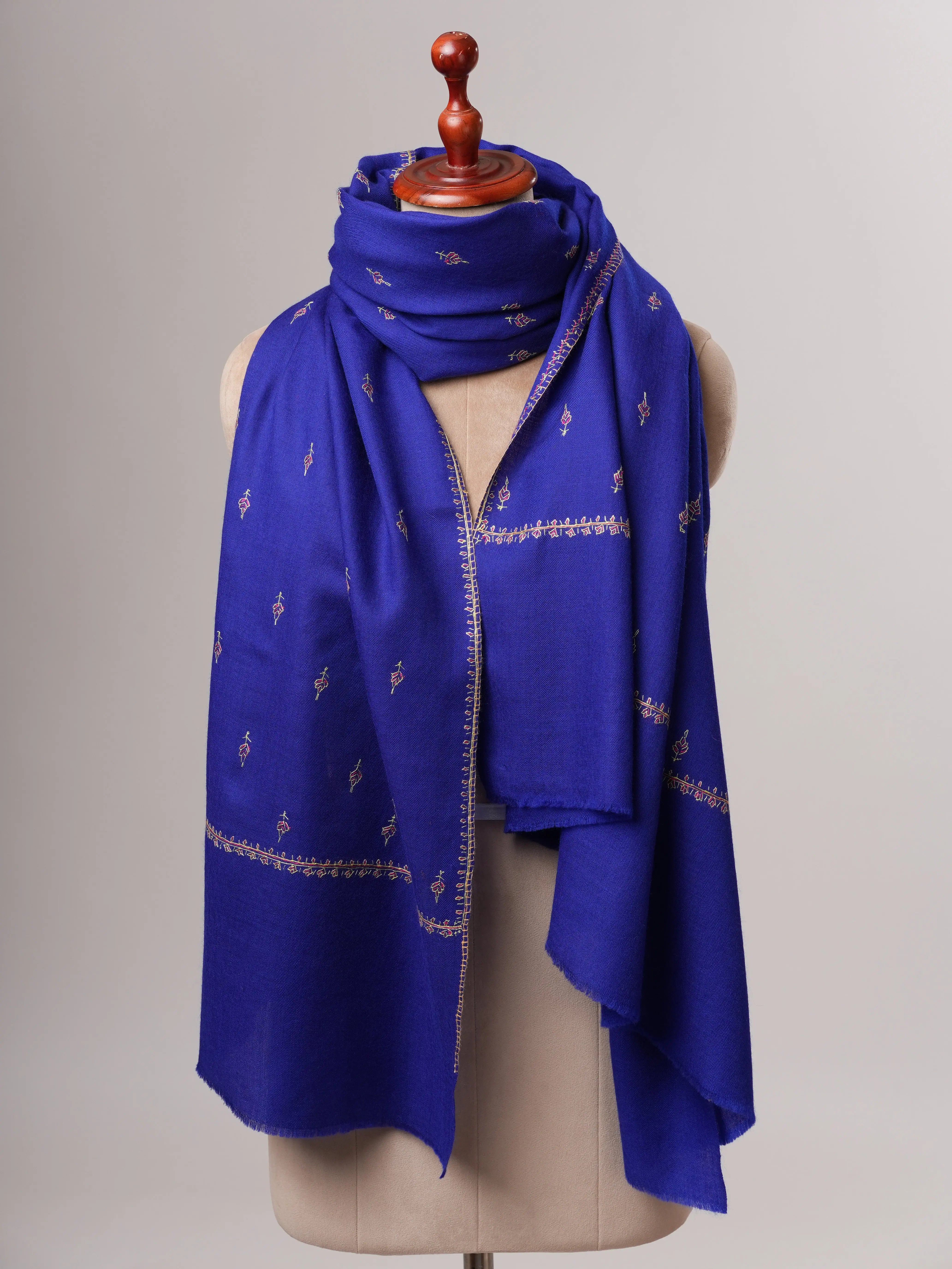 Handcrafted Royal Blue Mache Booti Embroidered Wool Shawl Shahkaar