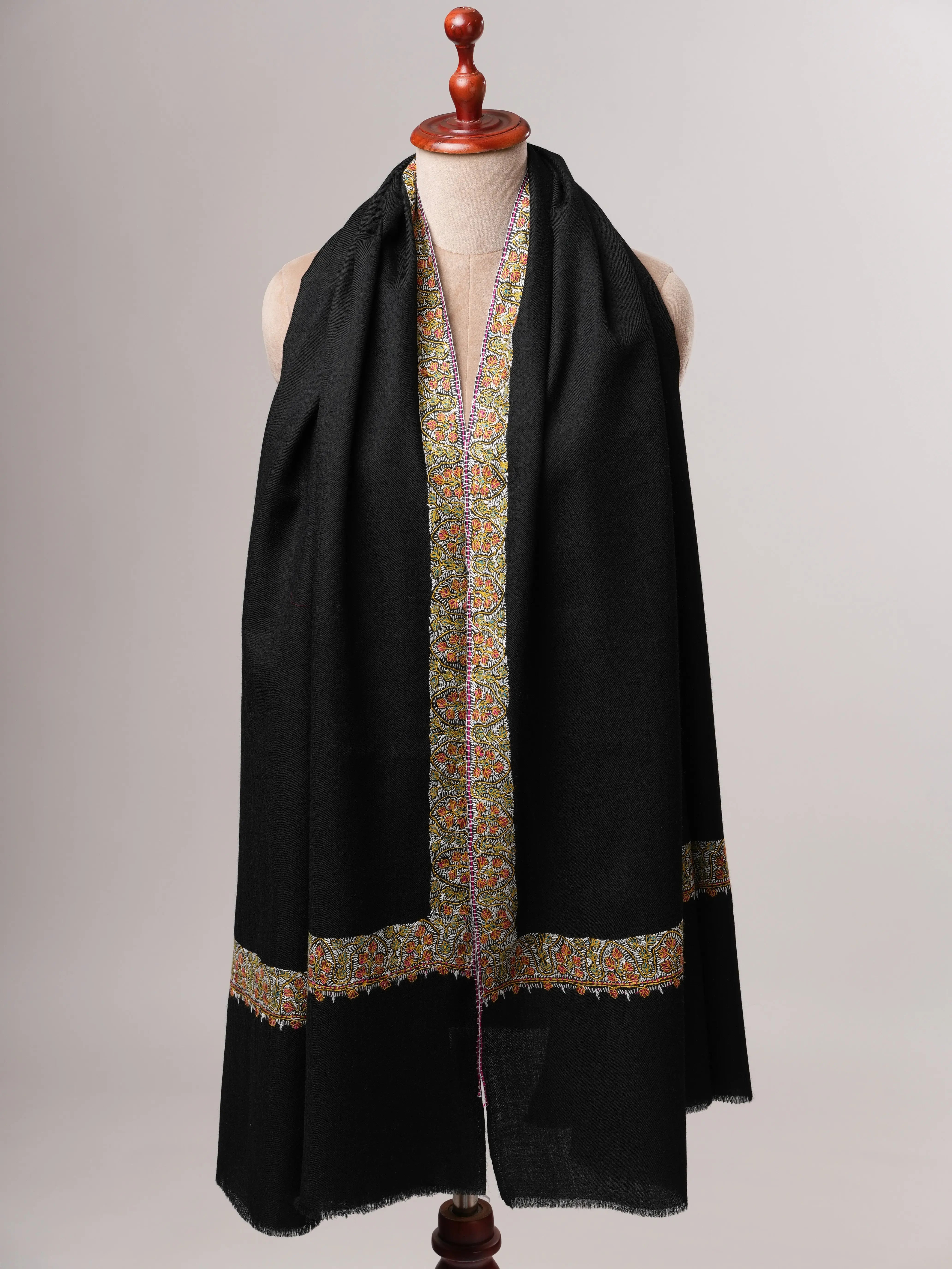 Black Fine Wool Shawl with Hand Embroidered Neemdaur Motifs Shahkaar