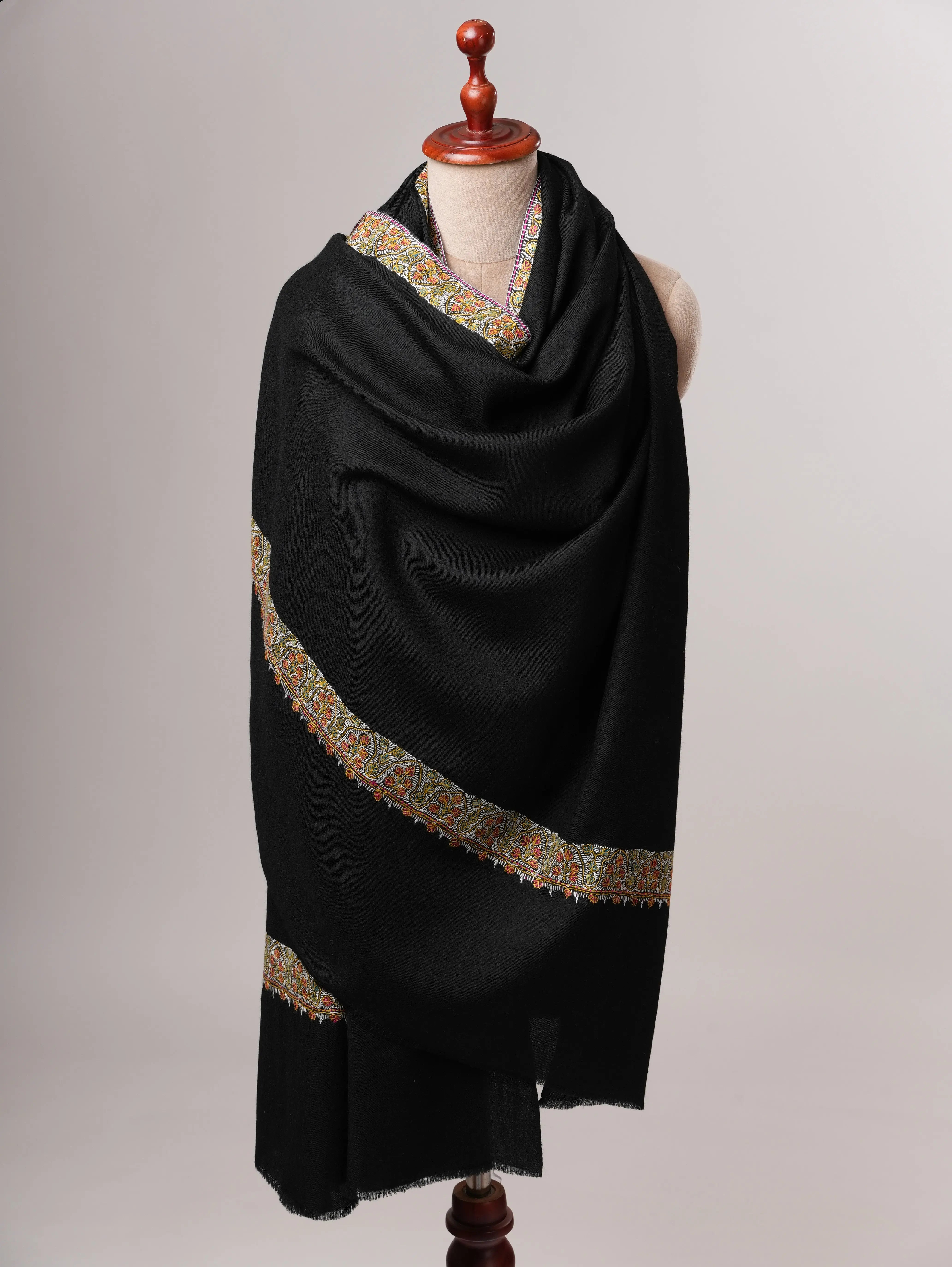 Black Fine Wool Shawl with Hand Embroidered Neemdaur Motifs Shahkaar