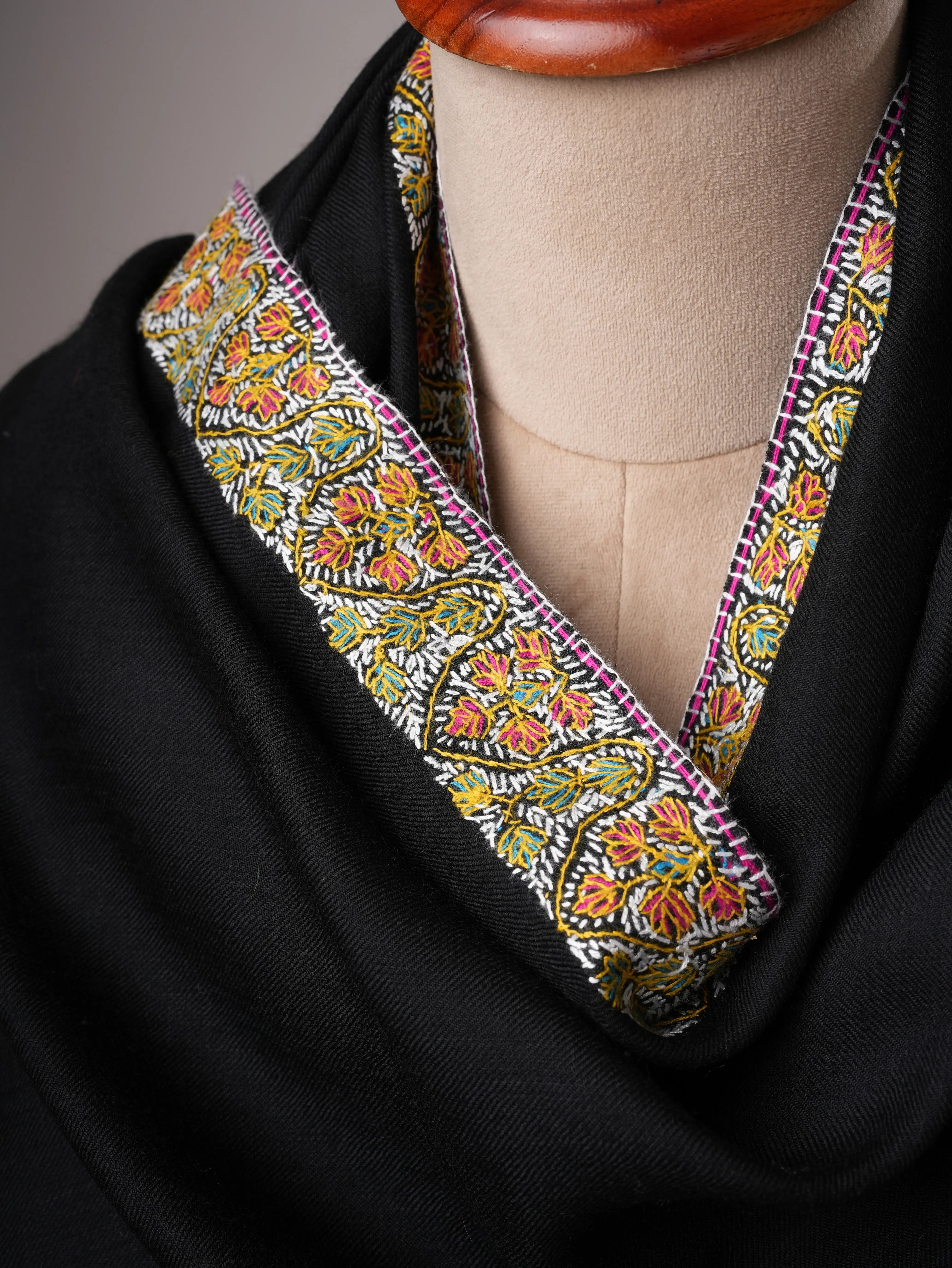 Black Fine Wool Shawl with Hand Embroidered Neemdaur Motifs Shahkaar