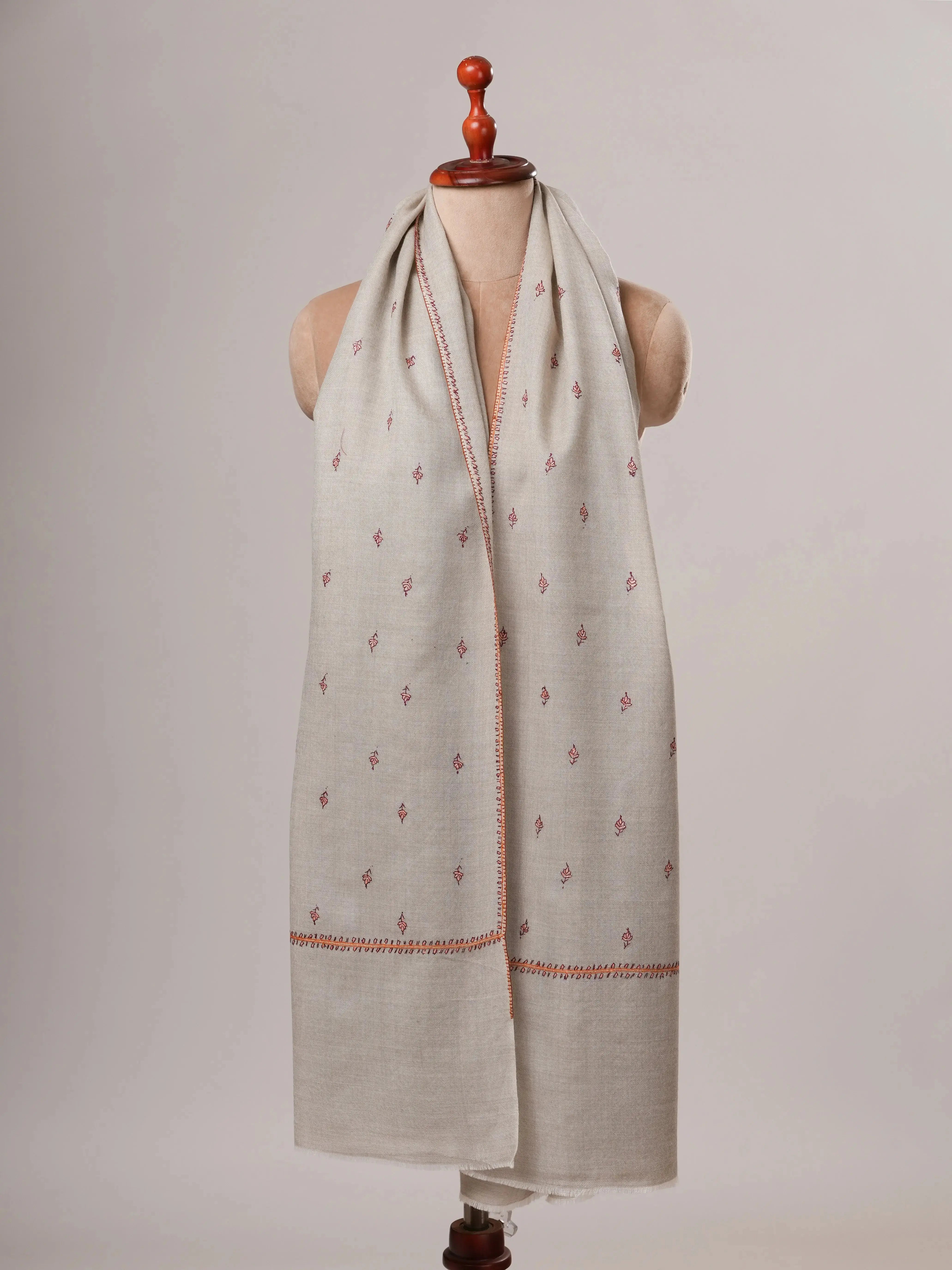 Grey Fine Wool Machie Booti Hand Embroidered Shawl Shahkaar
