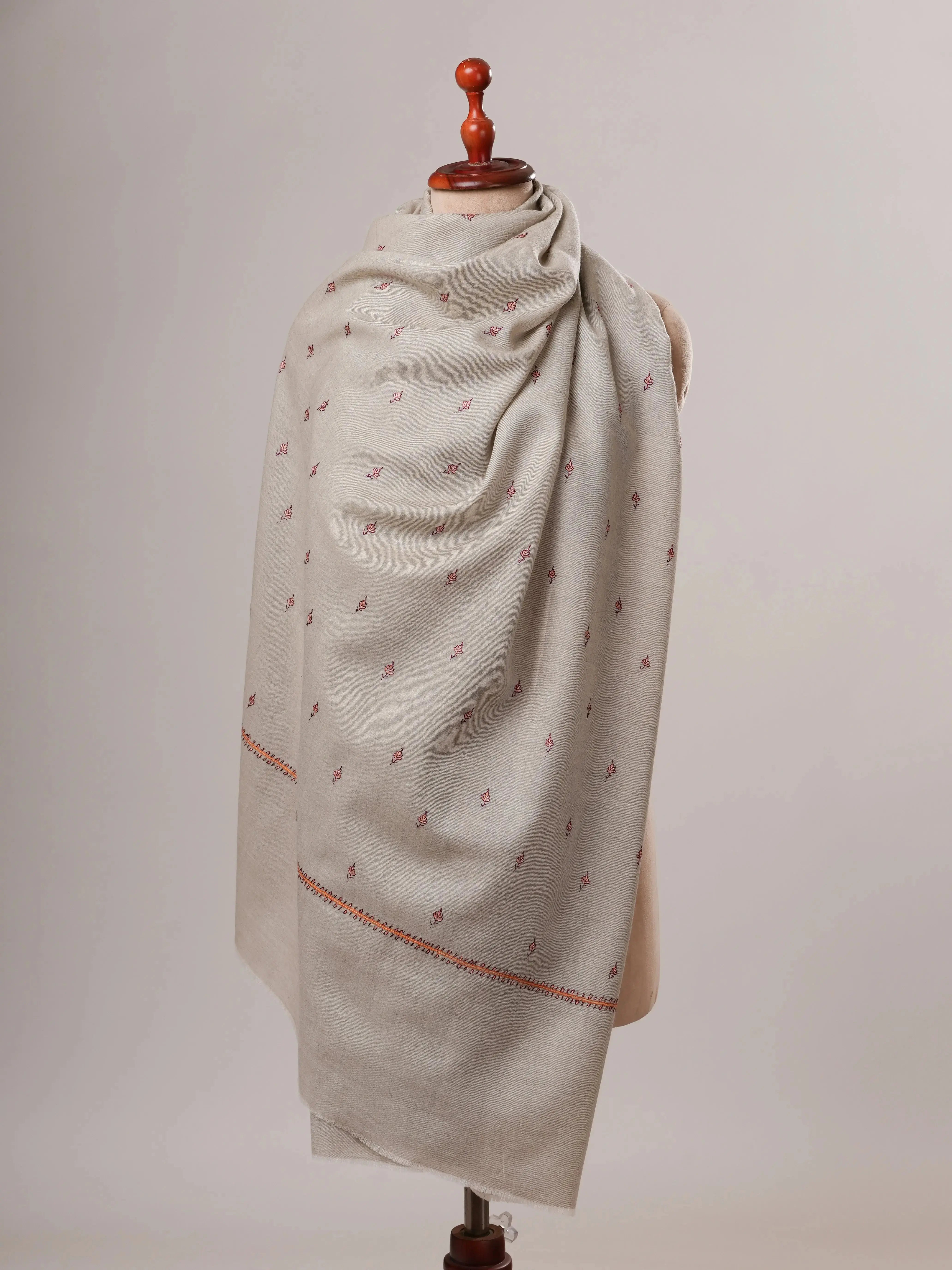 Grey Fine Wool Machie Booti Hand Embroidered Shawl Shahkaar