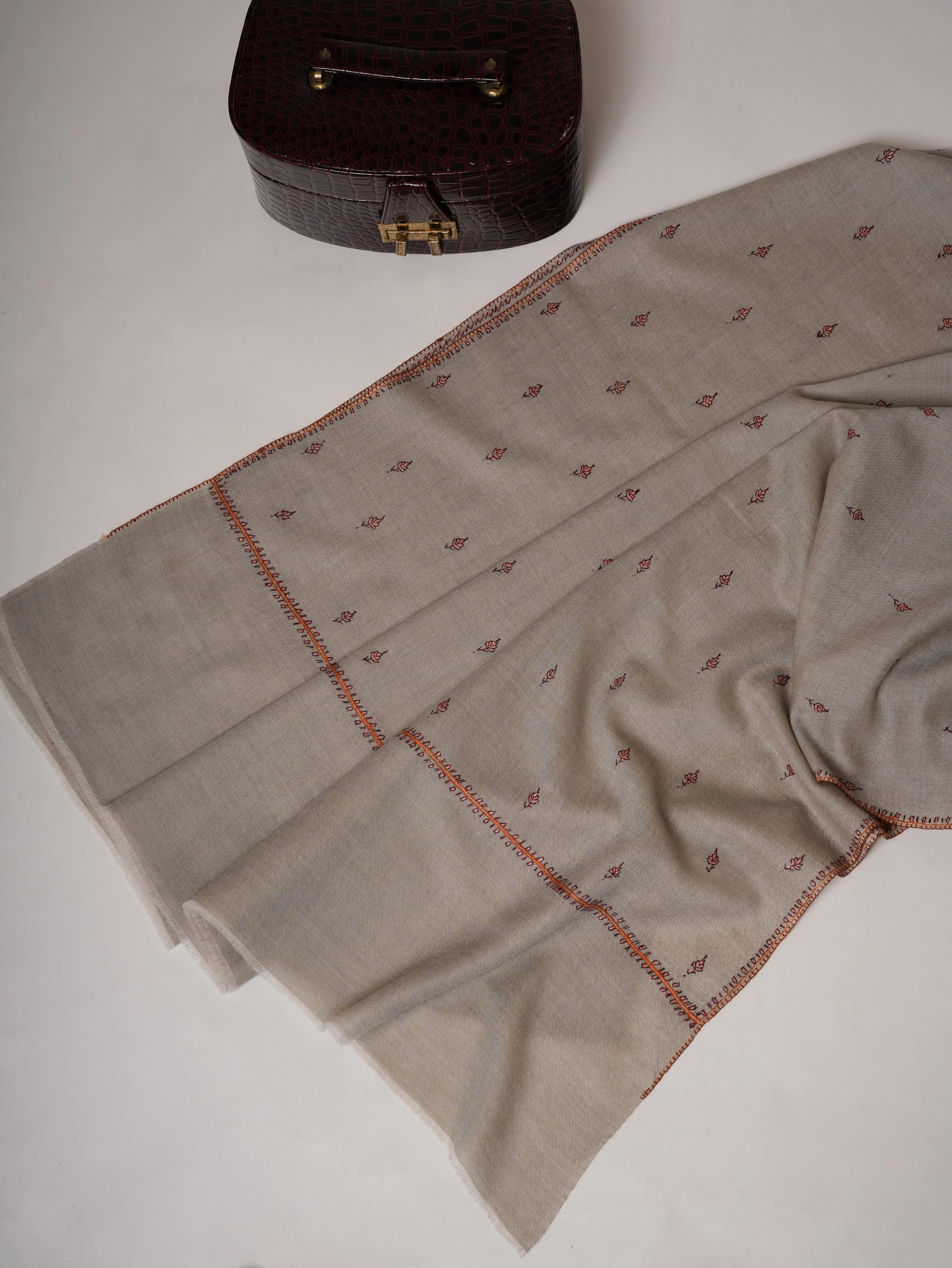 Grey Fine Wool Machie Booti Hand Embroidered Shawl Shahkaar