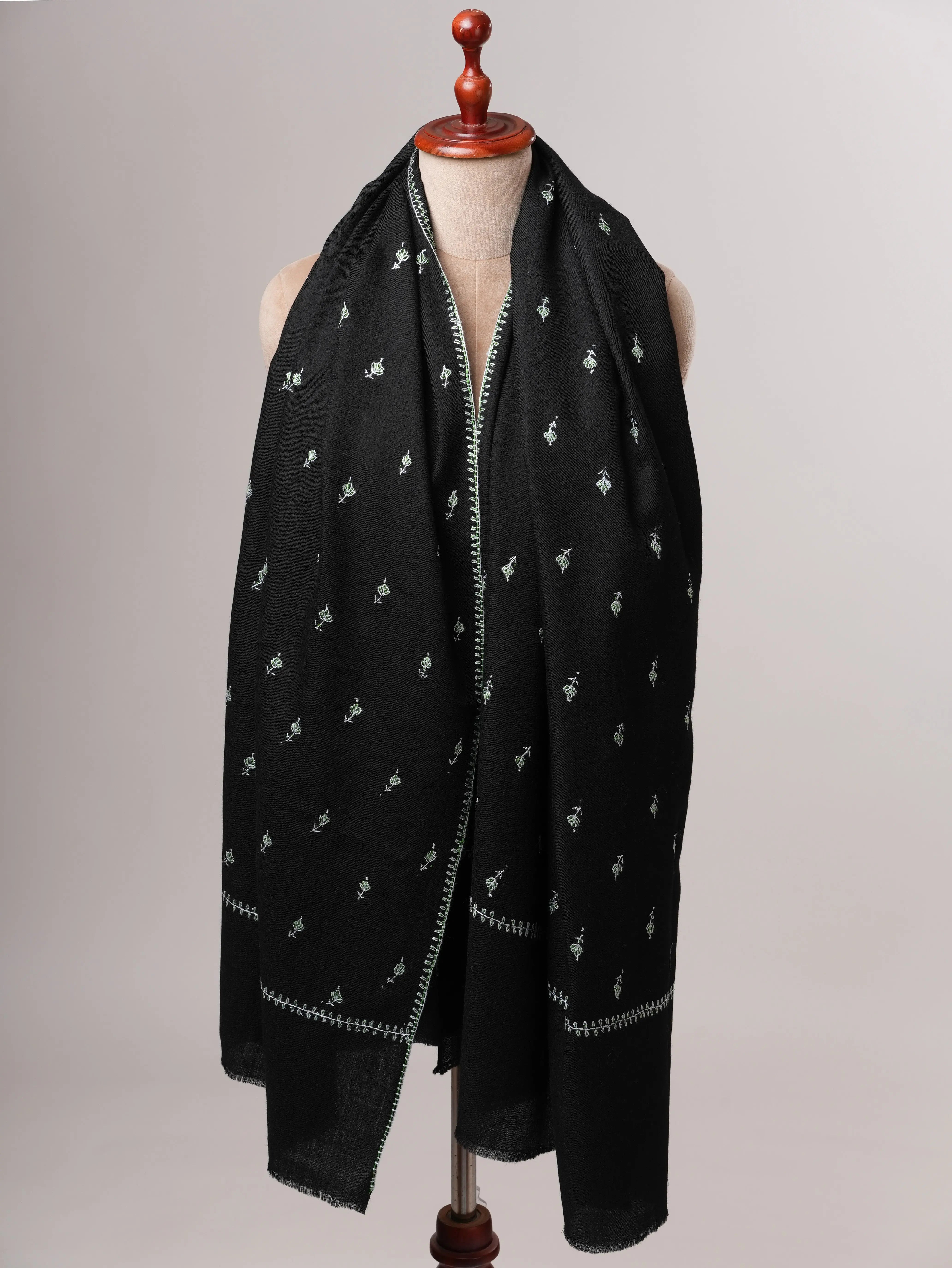 Classic Black Fine Wool Shawl with Mache Booti Hand Embroidery Shahkaar