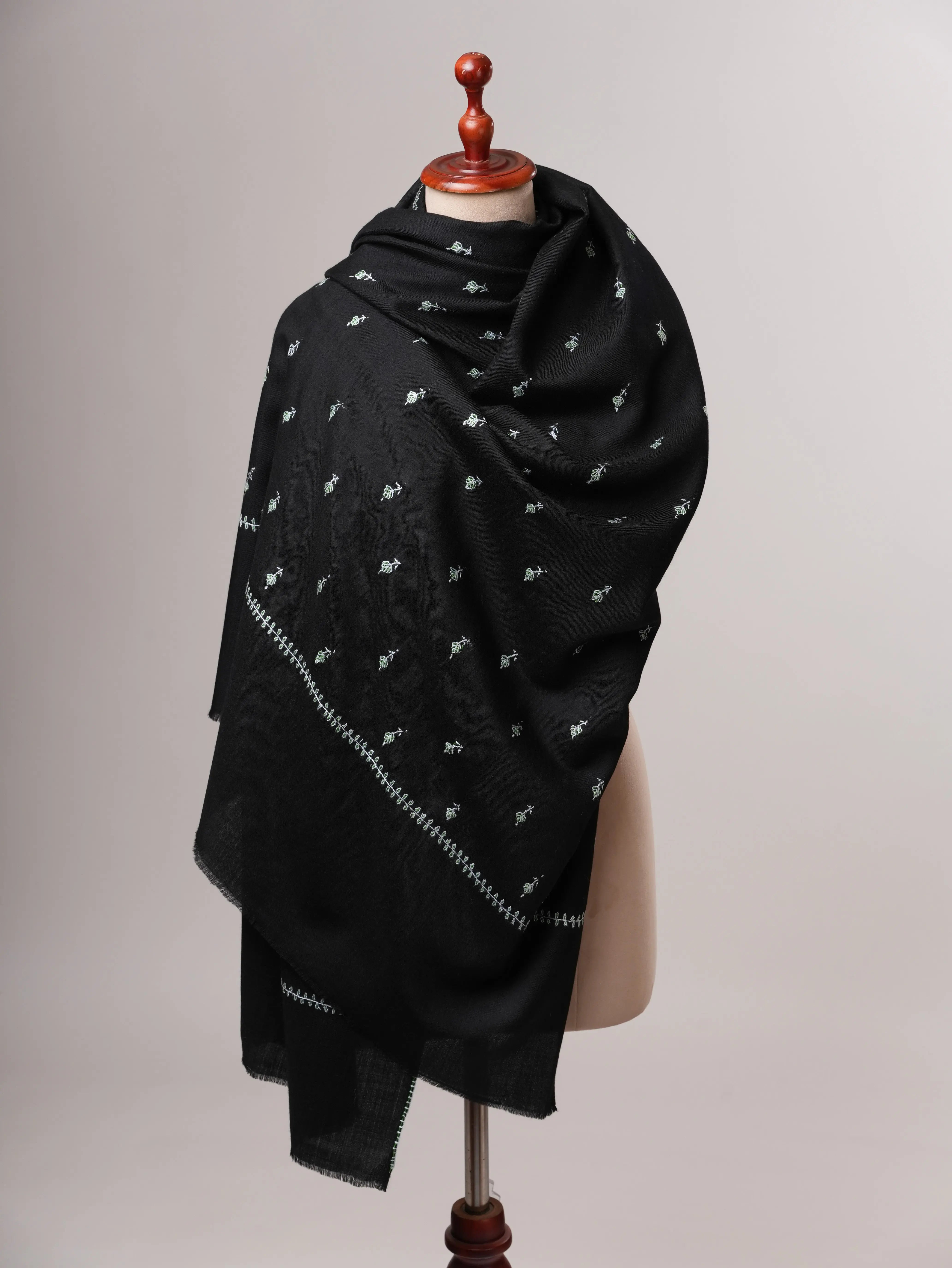 Classic Black Fine Wool Shawl with Mache Booti Hand Embroidery Shahkaar