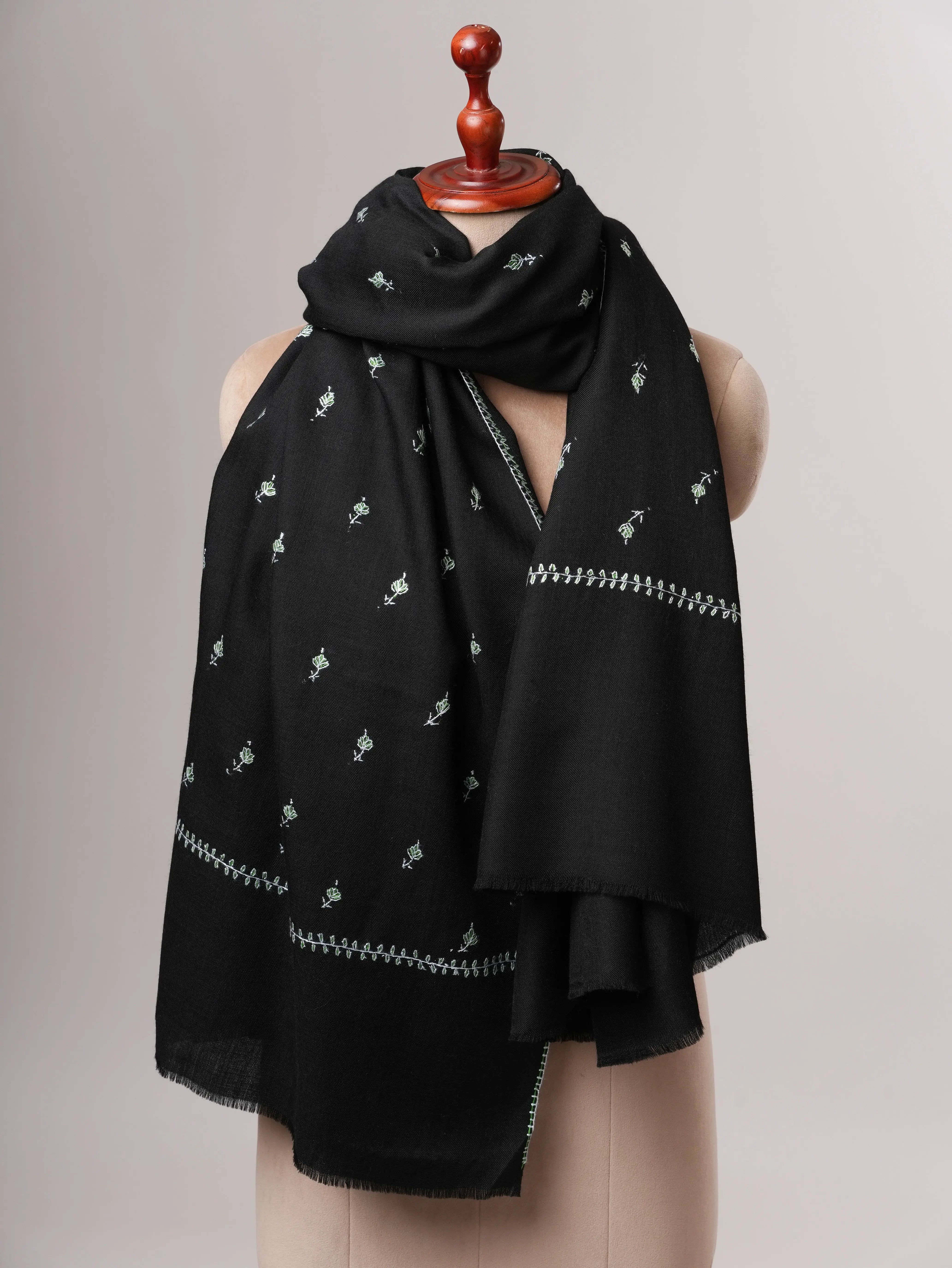Classic Black Fine Wool Shawl with Mache Booti Hand Embroidery Shahkaar