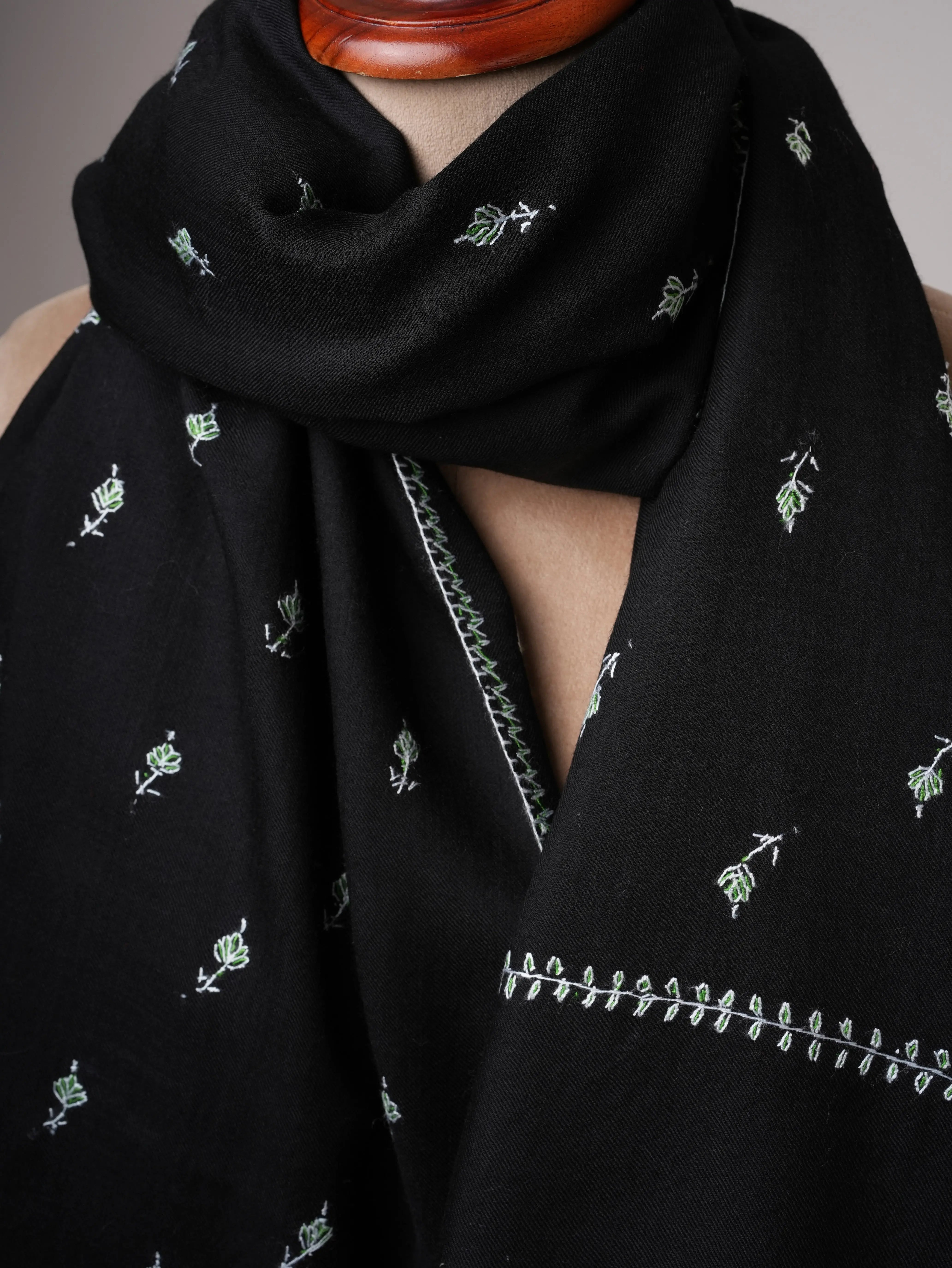 Classic Black Fine Wool Shawl with Mache Booti Hand Embroidery Shahkaar