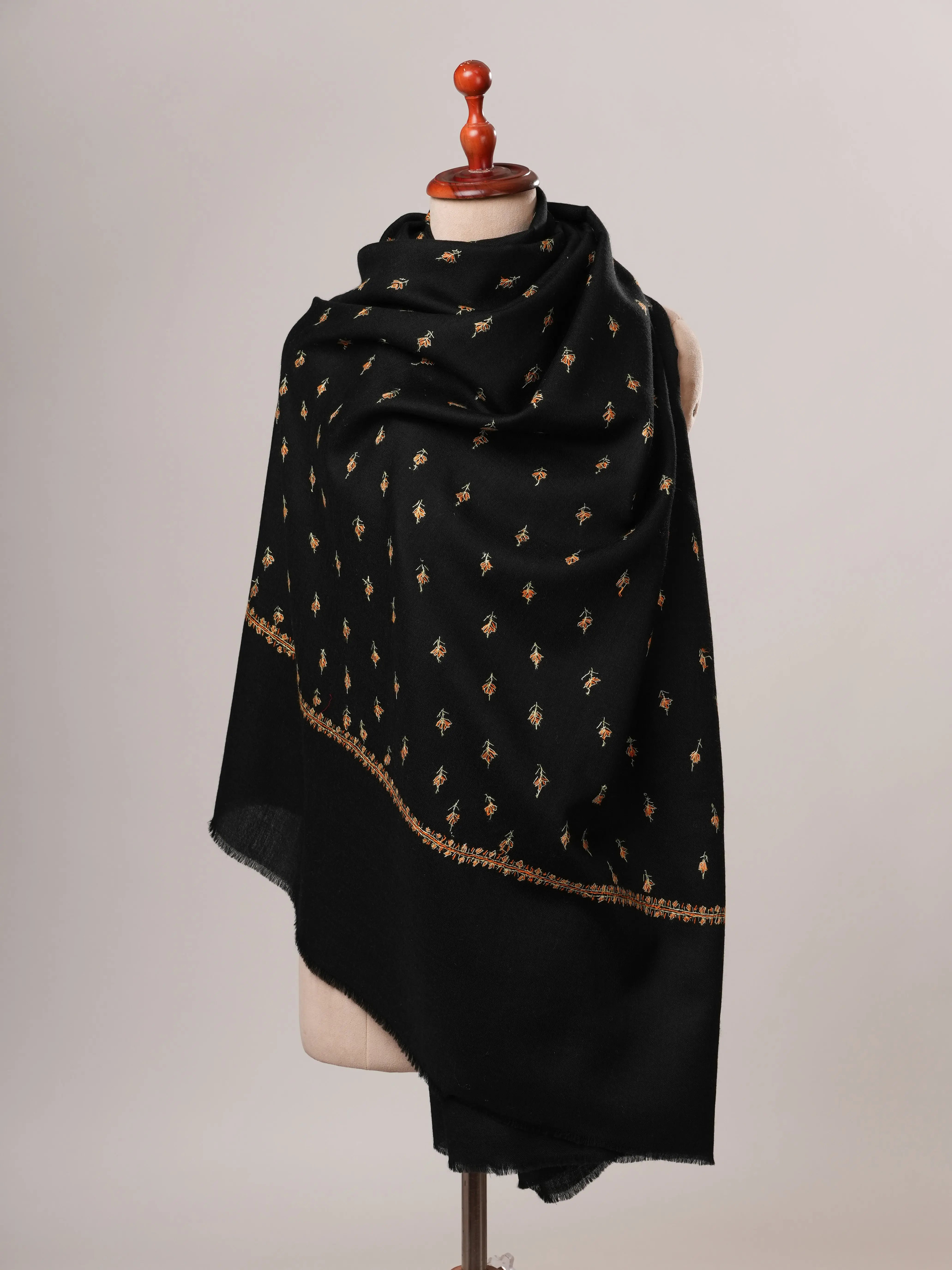 Black Fine Wool Machie Booti Hand Embroidered Shawl Shahkaar