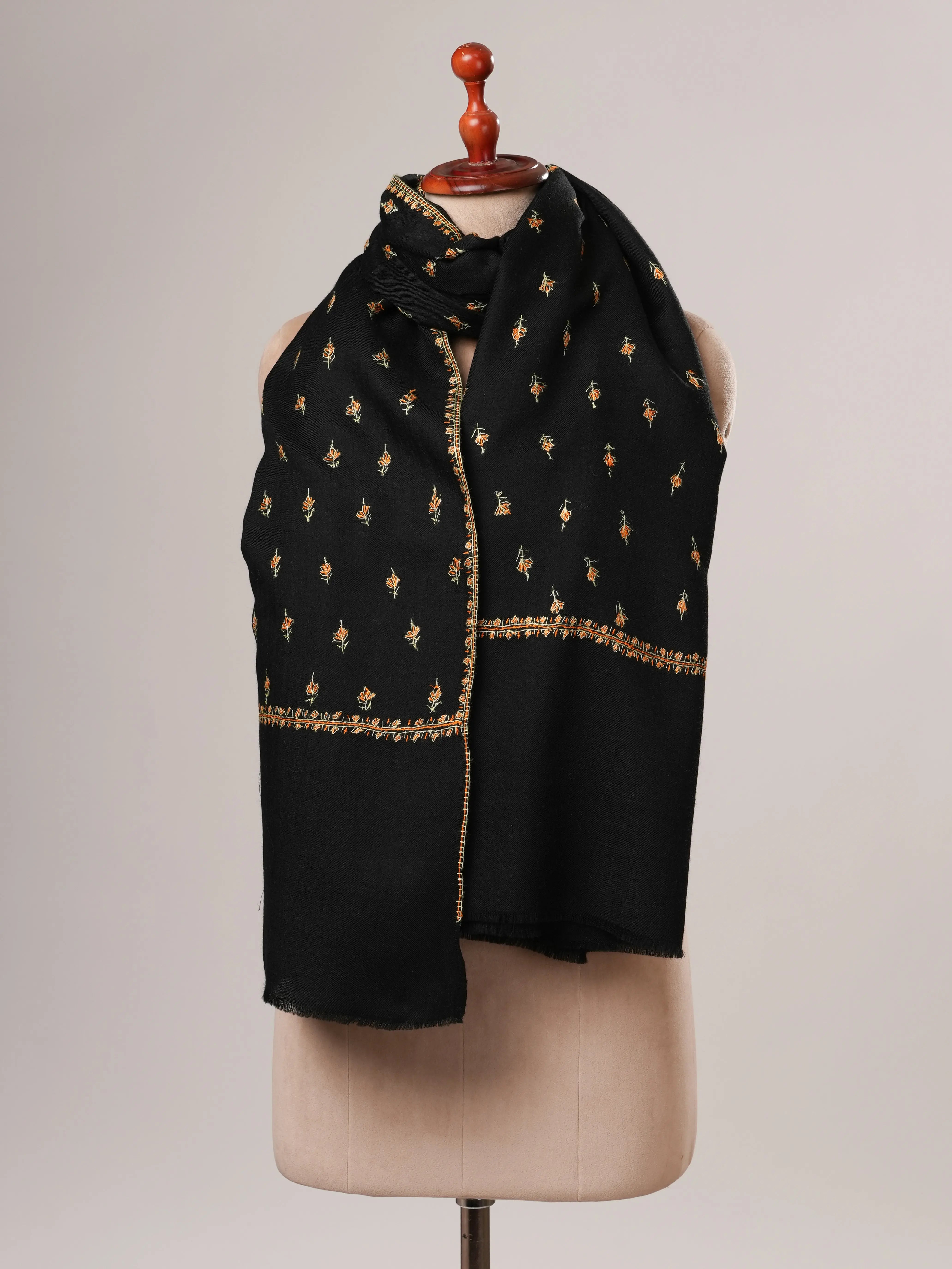 Black Fine Wool Machie Booti Hand Embroidered Shawl Shahkaar