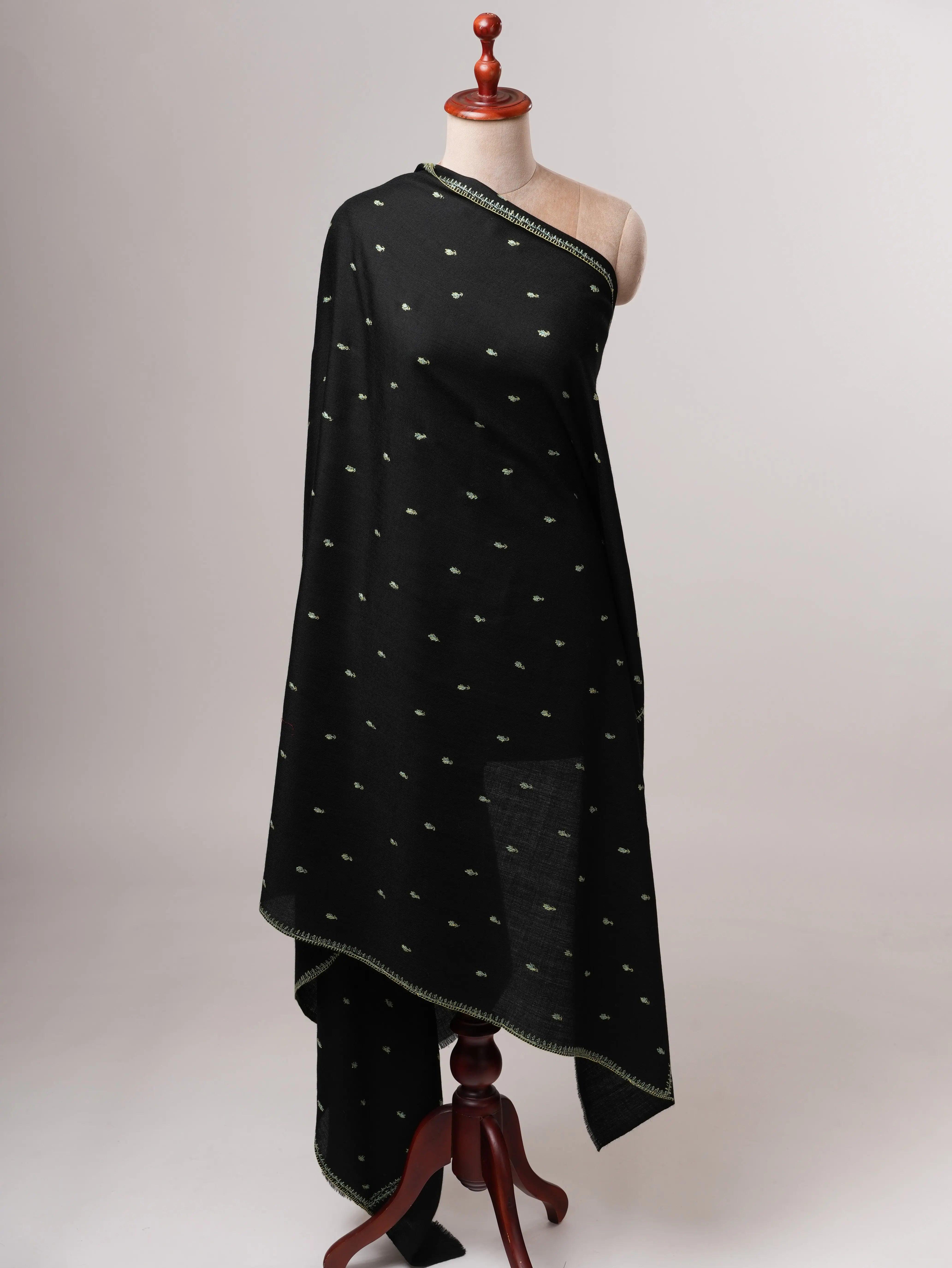 Black Mache Booti Hand Embroidered Fine Wool Shawl Shahkaar