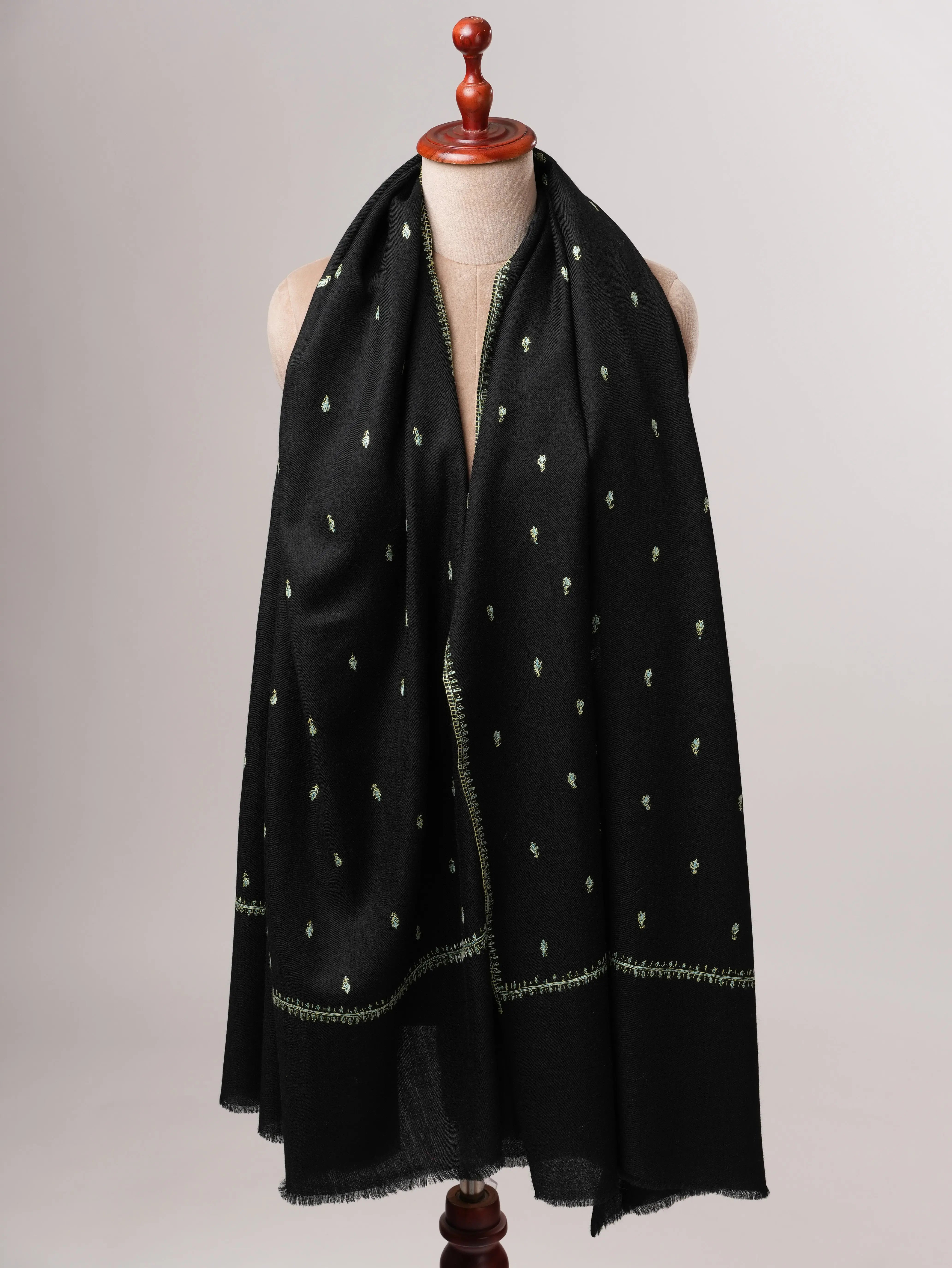 Black Mache Booti Hand Embroidered Fine Wool Shawl Shahkaar