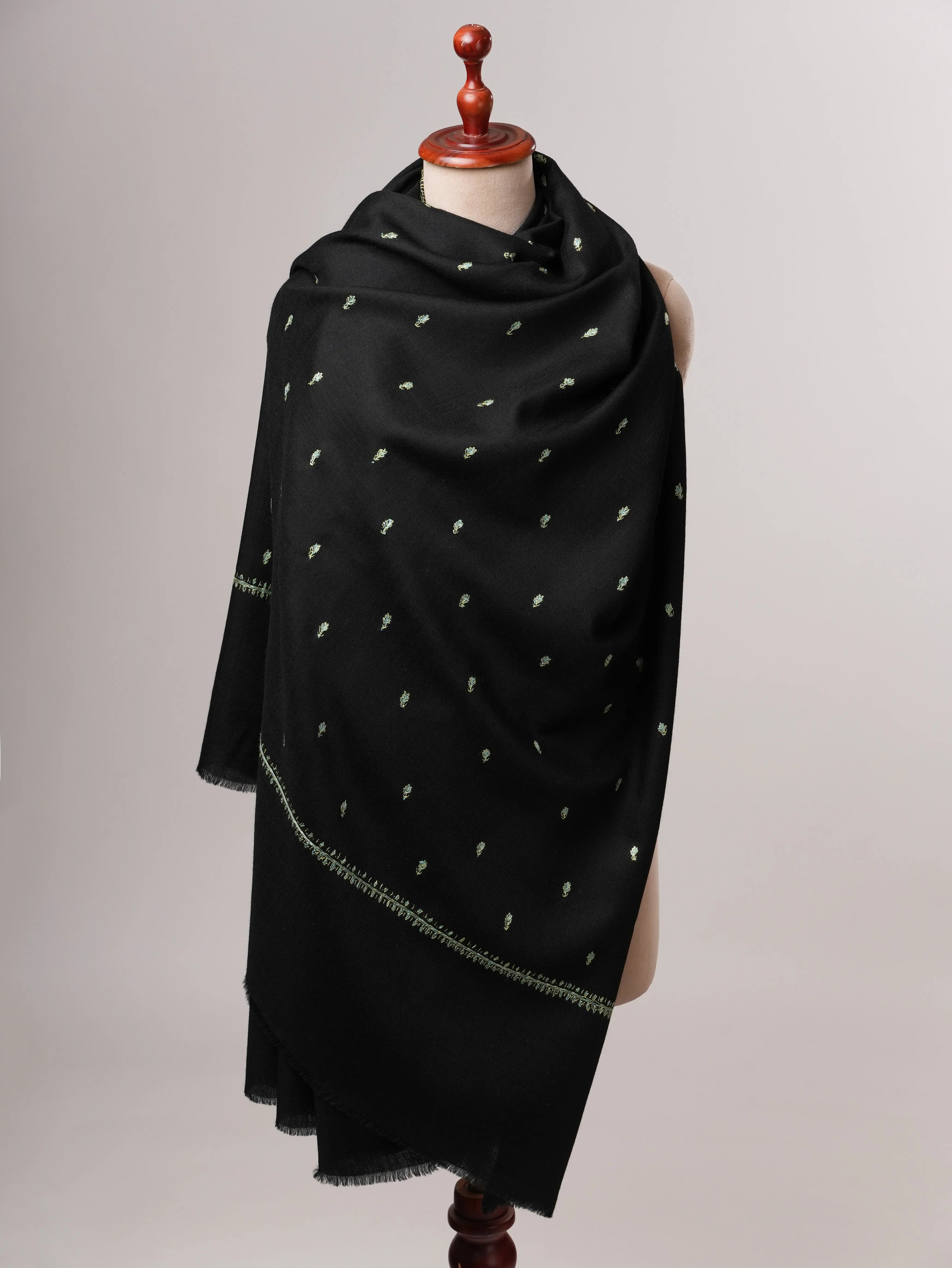 Black Mache Booti Hand Embroidered Fine Wool Shawl Shahkaar