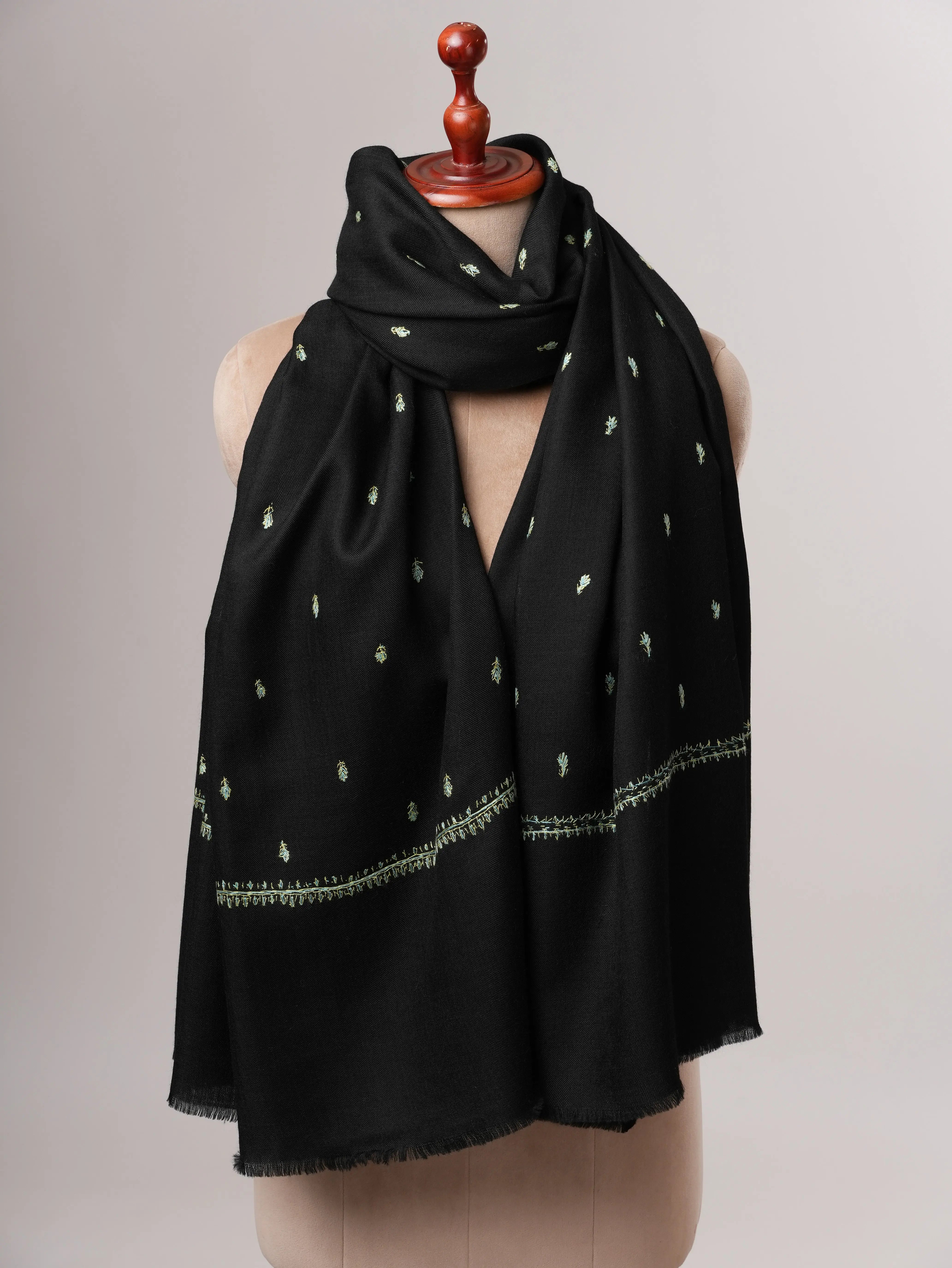 Black Mache Booti Hand Embroidered Fine Wool Shawl Shahkaar