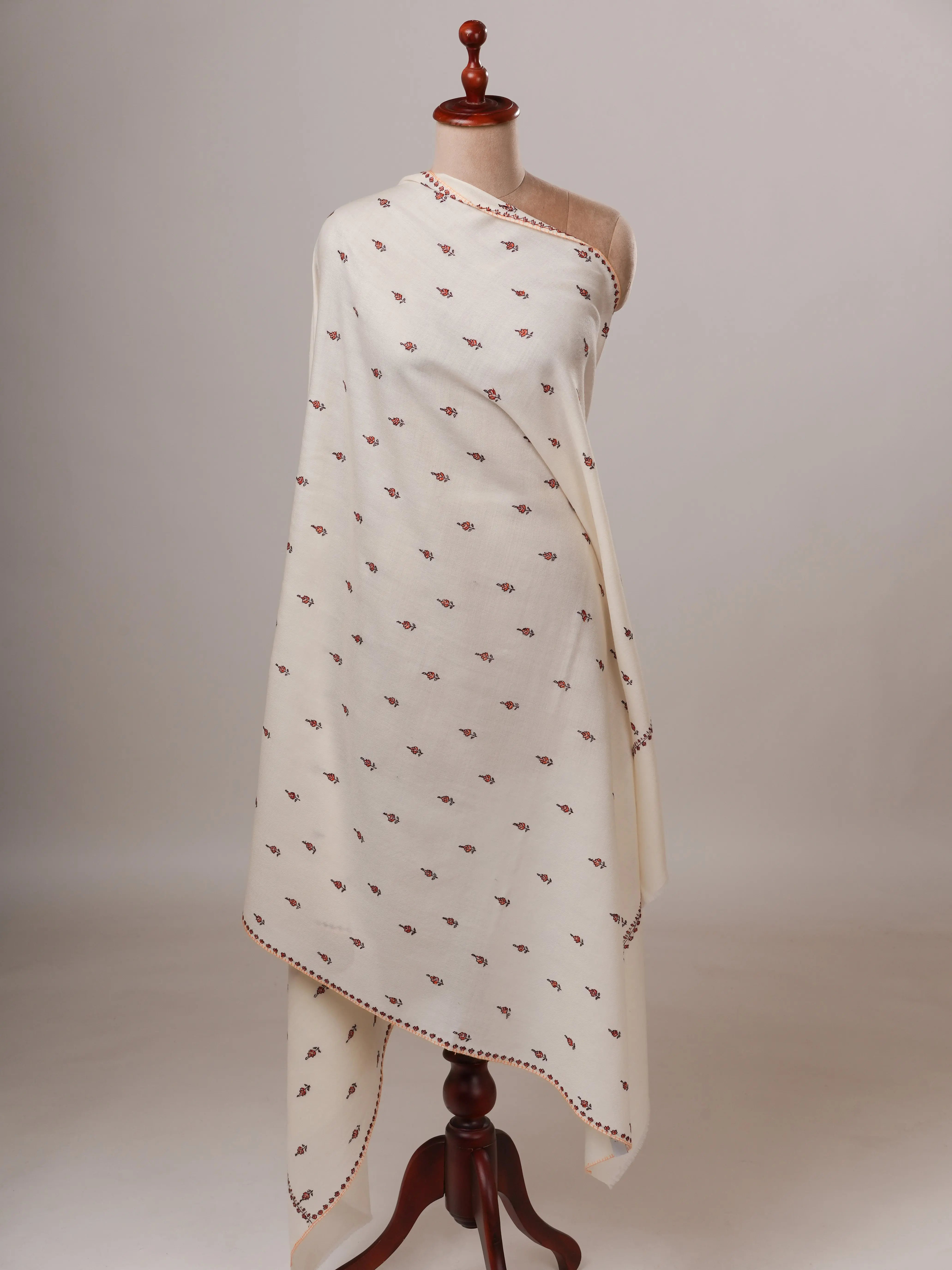 Ivory Soft Fine Wool Shawl with Hand Embroidery Shahkaar Global