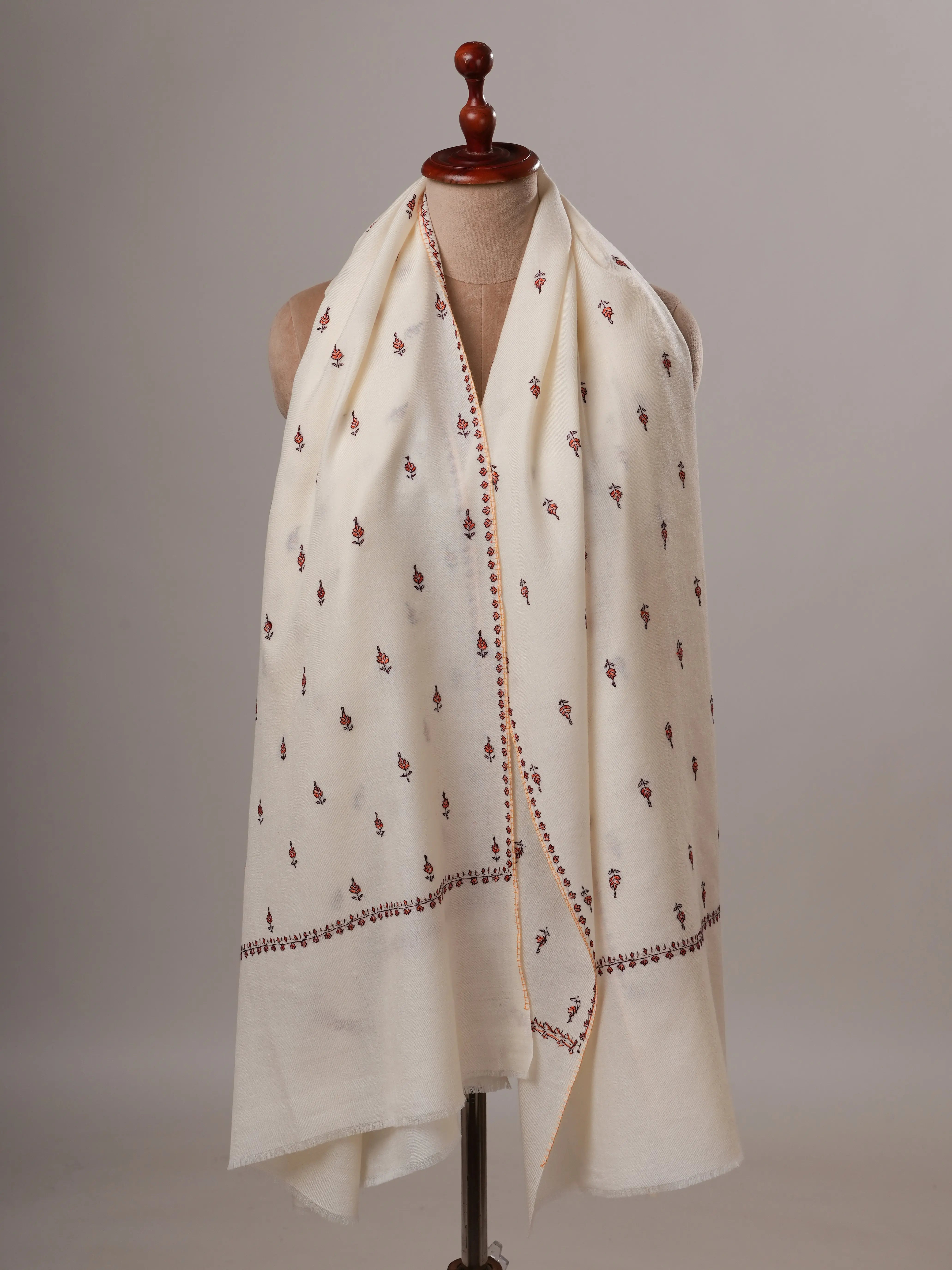 Ivory Soft Fine Wool Shawl with Hand Embroidery Shahkaar Global