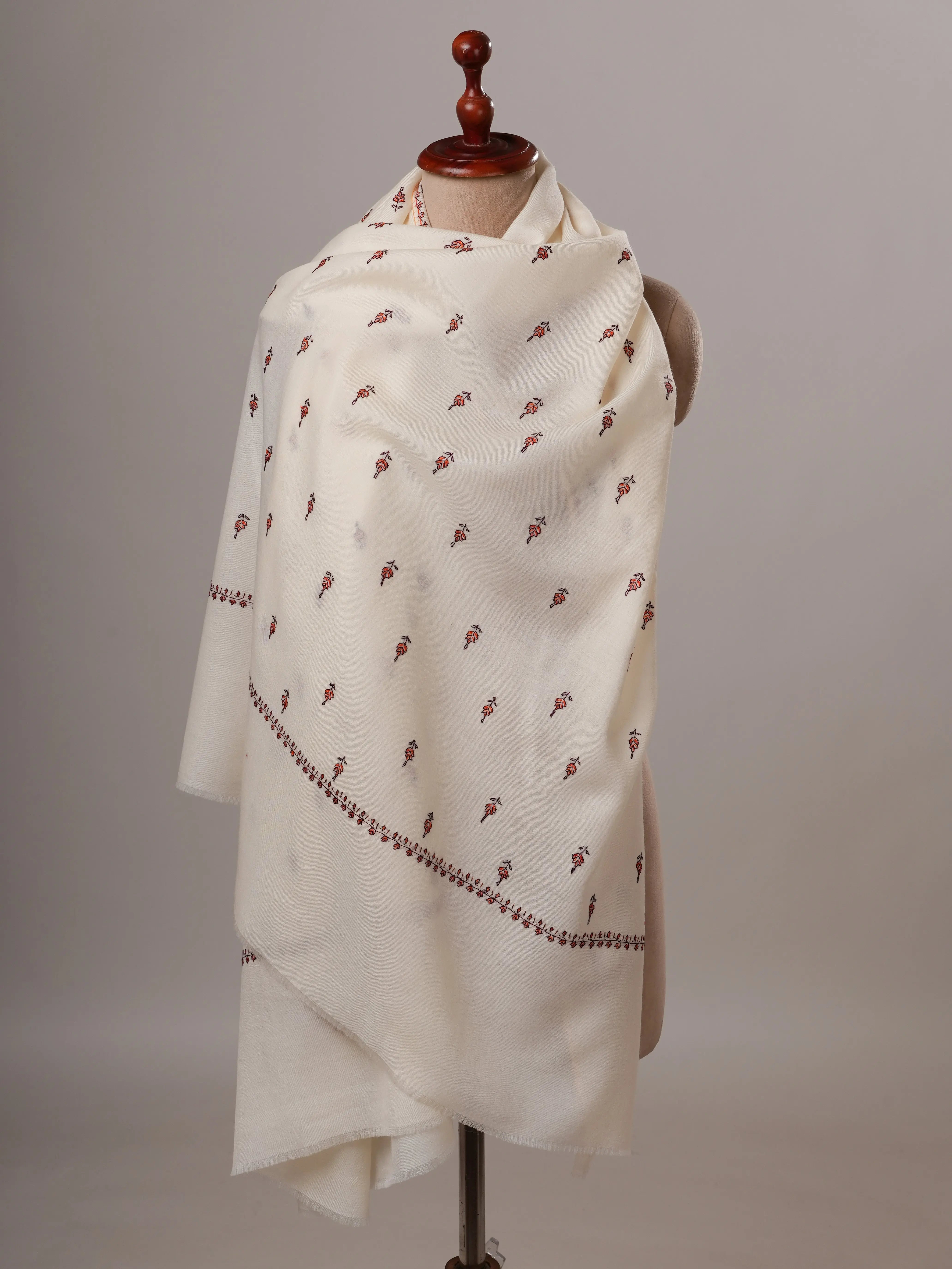 Ivory Soft Fine Wool Shawl with Hand Embroidery Shahkaar Global