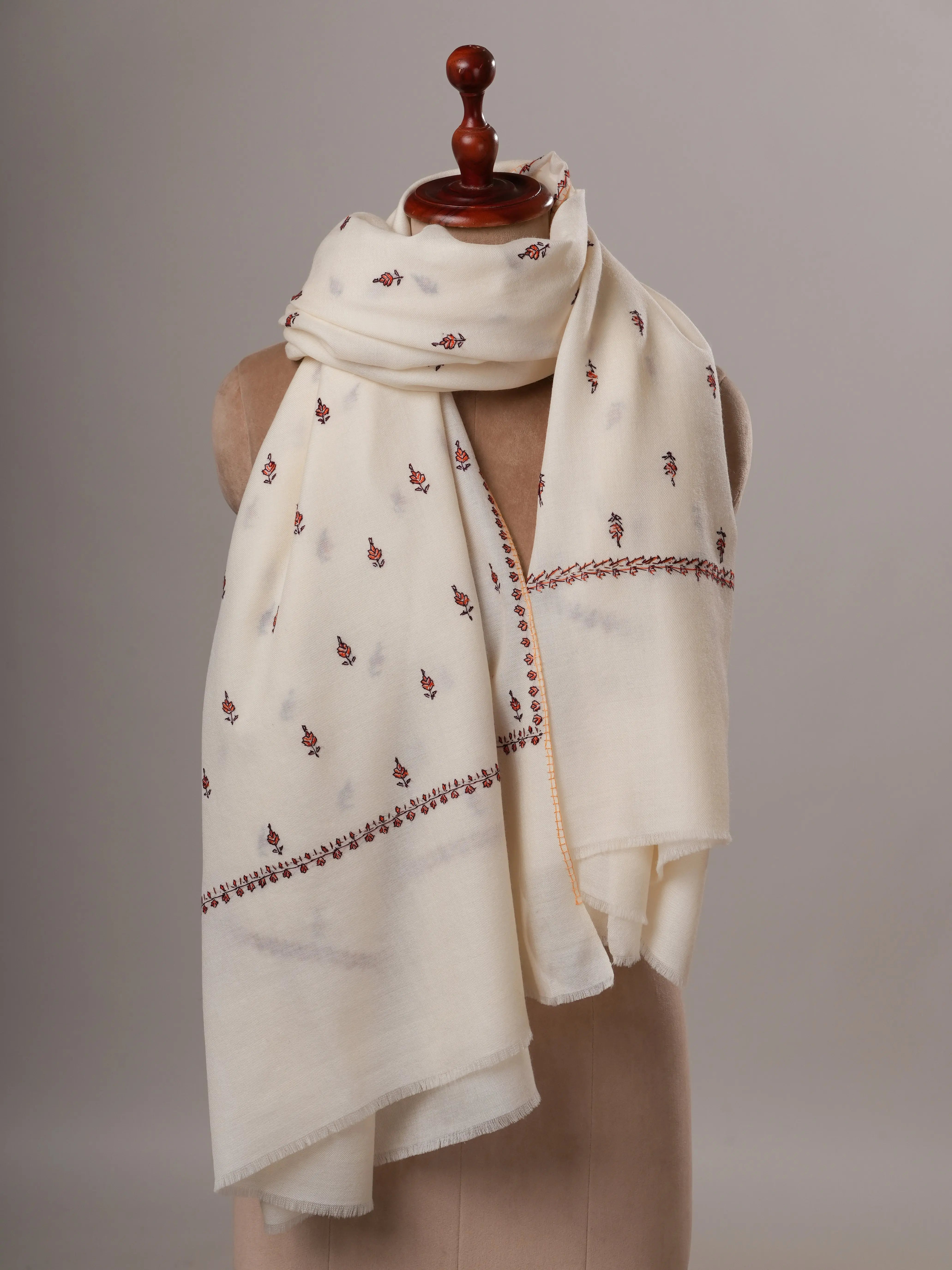 Ivory Soft Fine Wool Shawl with Hand Embroidery Shahkaar Global