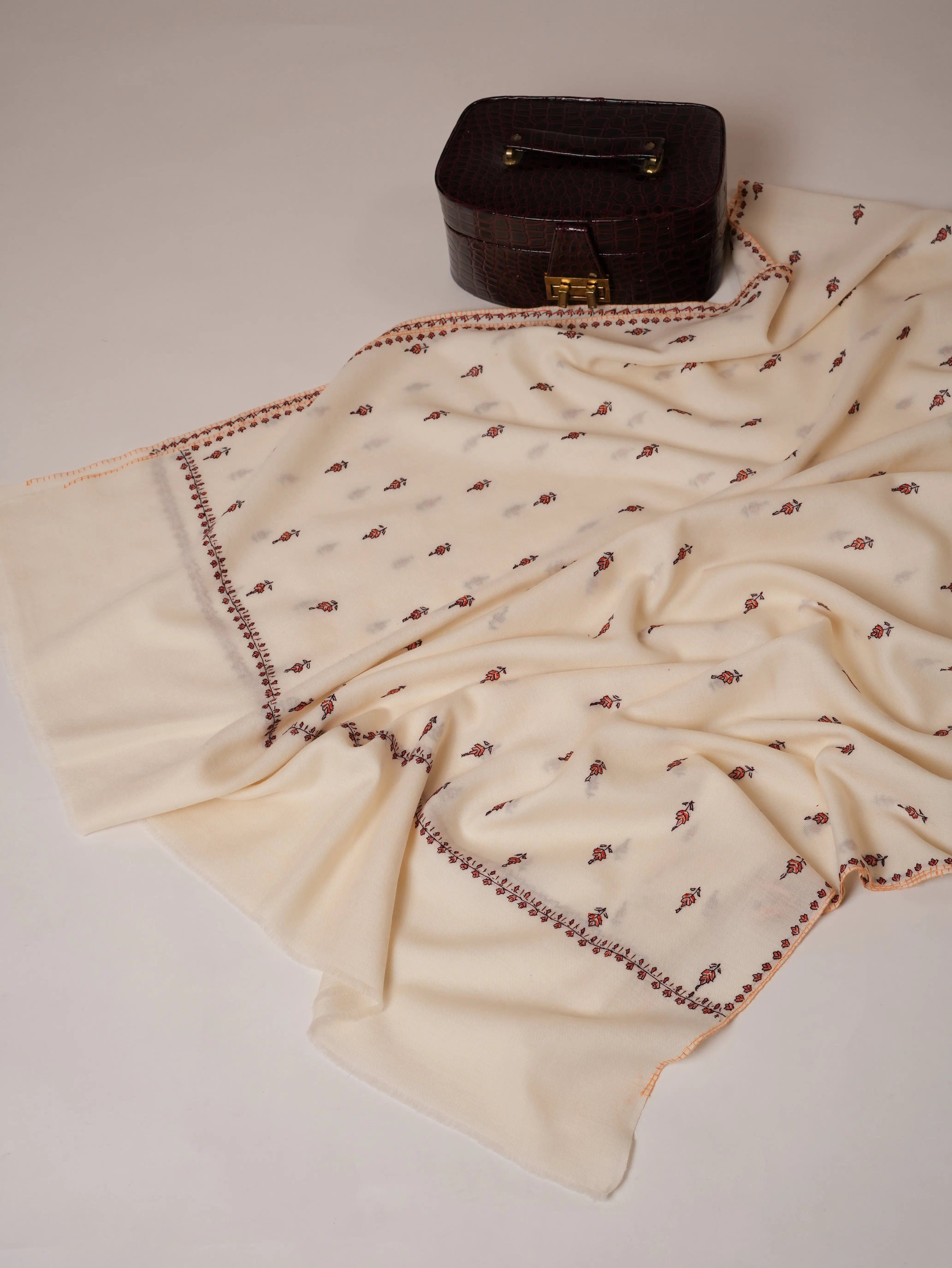 Ivory Soft Fine Wool Shawl with Hand Embroidery Shahkaar Global
