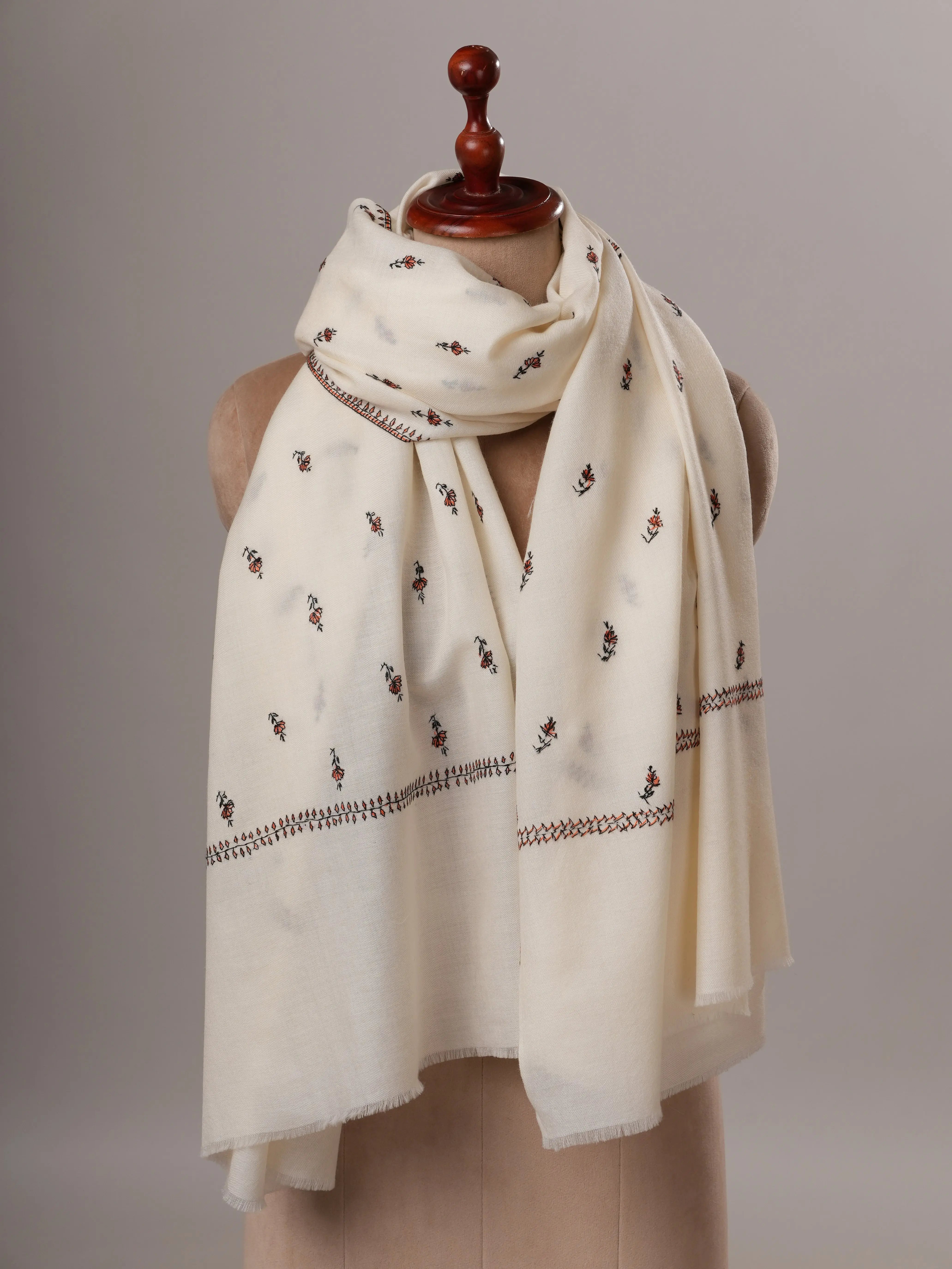 White Fine Wool Machie Booti Soft Shawl Shahkaar Global