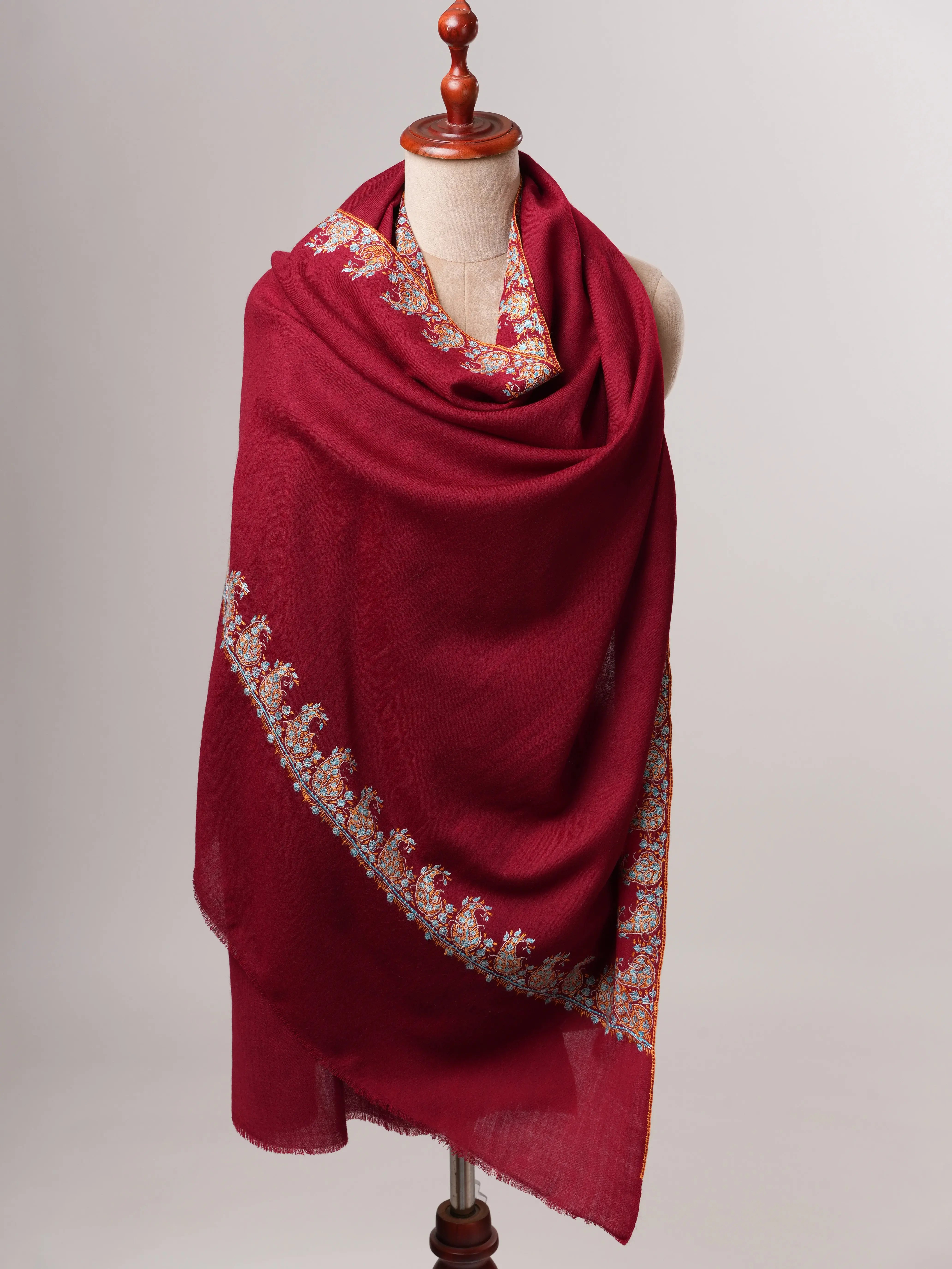 Hand Embroidered Fine Wool Shawl with Paisley Neemdaur Motif Shahkaar