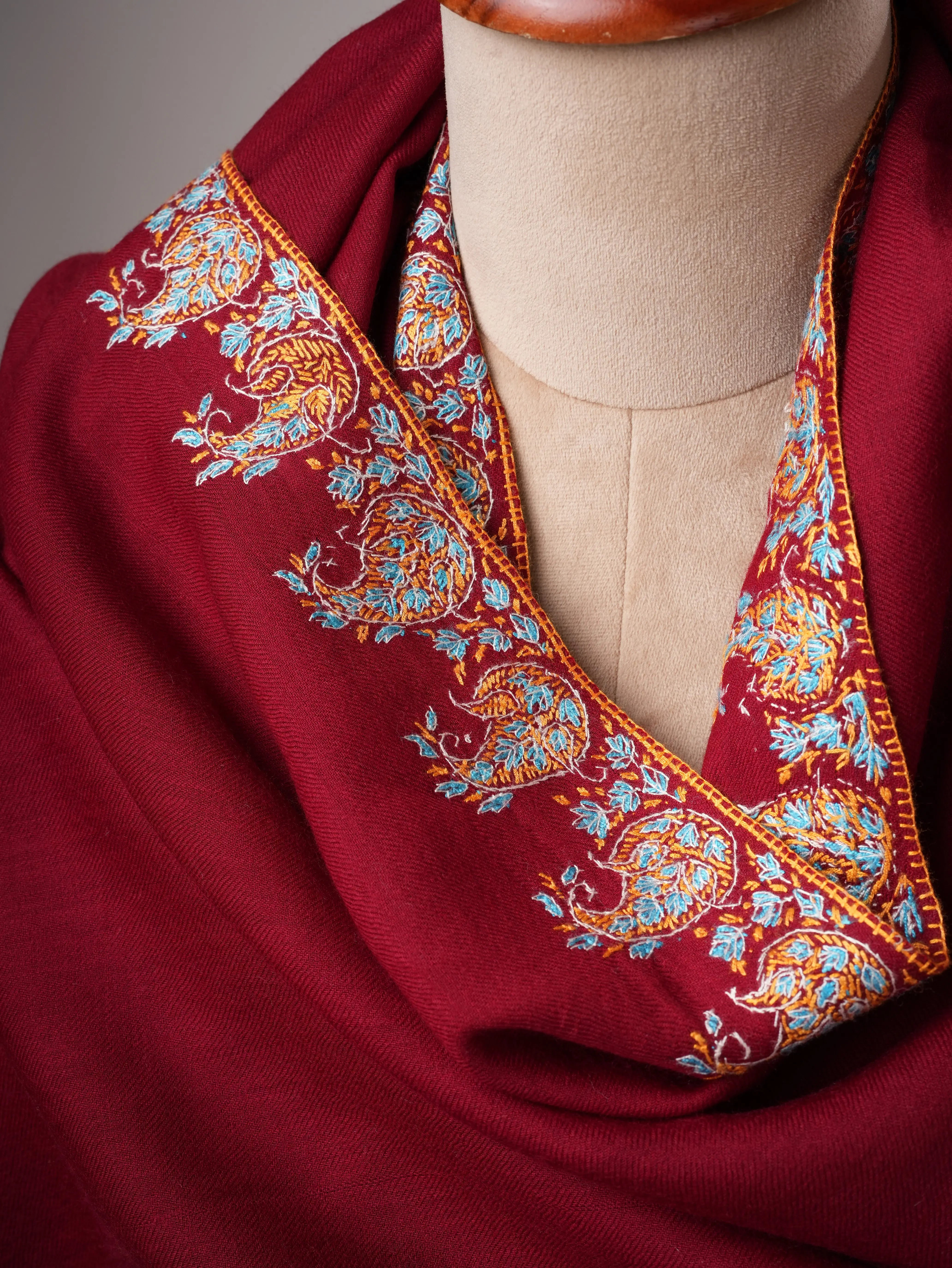 Hand Embroidered Fine Wool Shawl with Paisley Neemdaur Motif Shahkaar