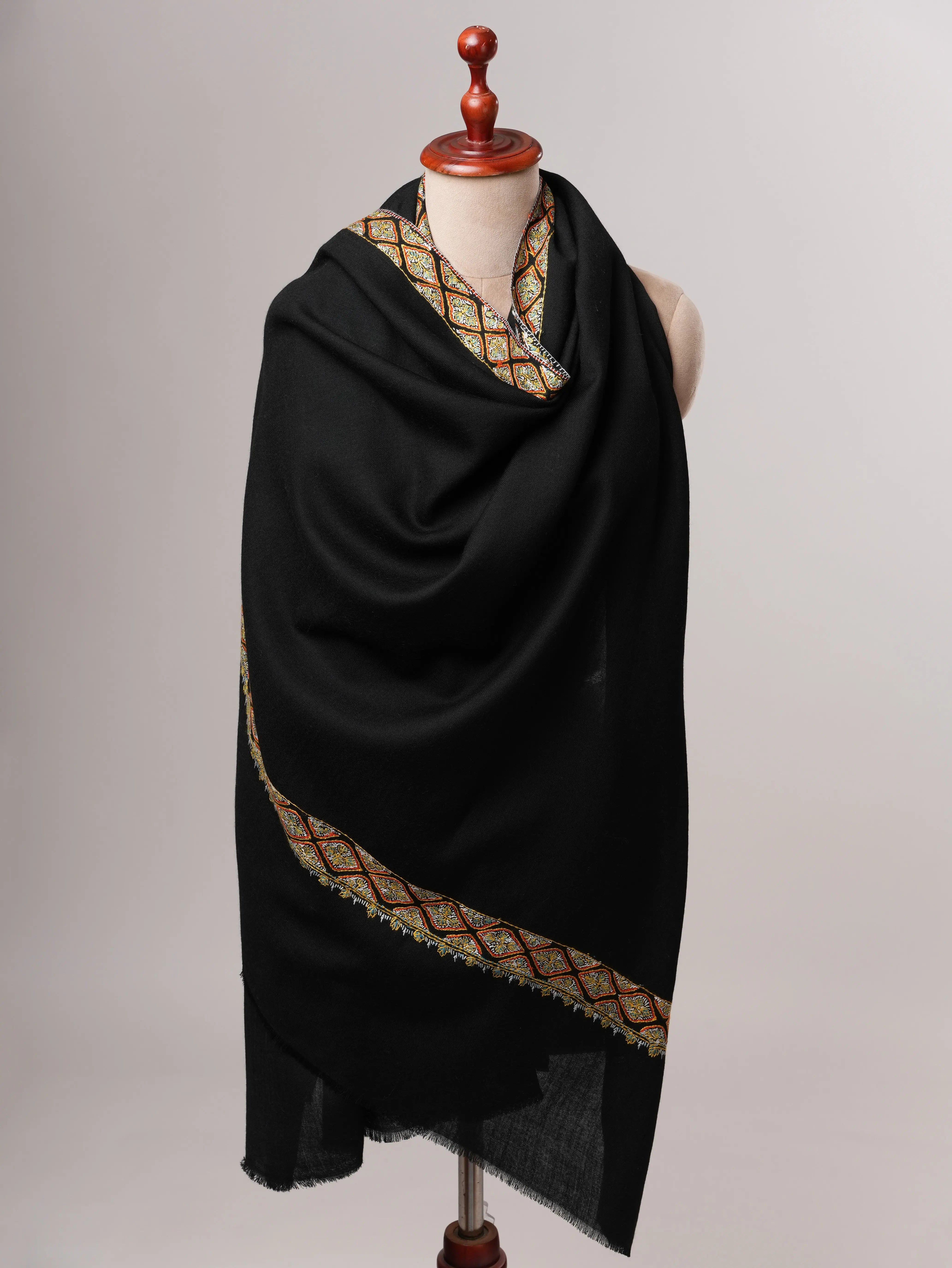 Classic Black Neemdaur Motif Hand Embroidered Fine Wool Shawl Shahkaar
