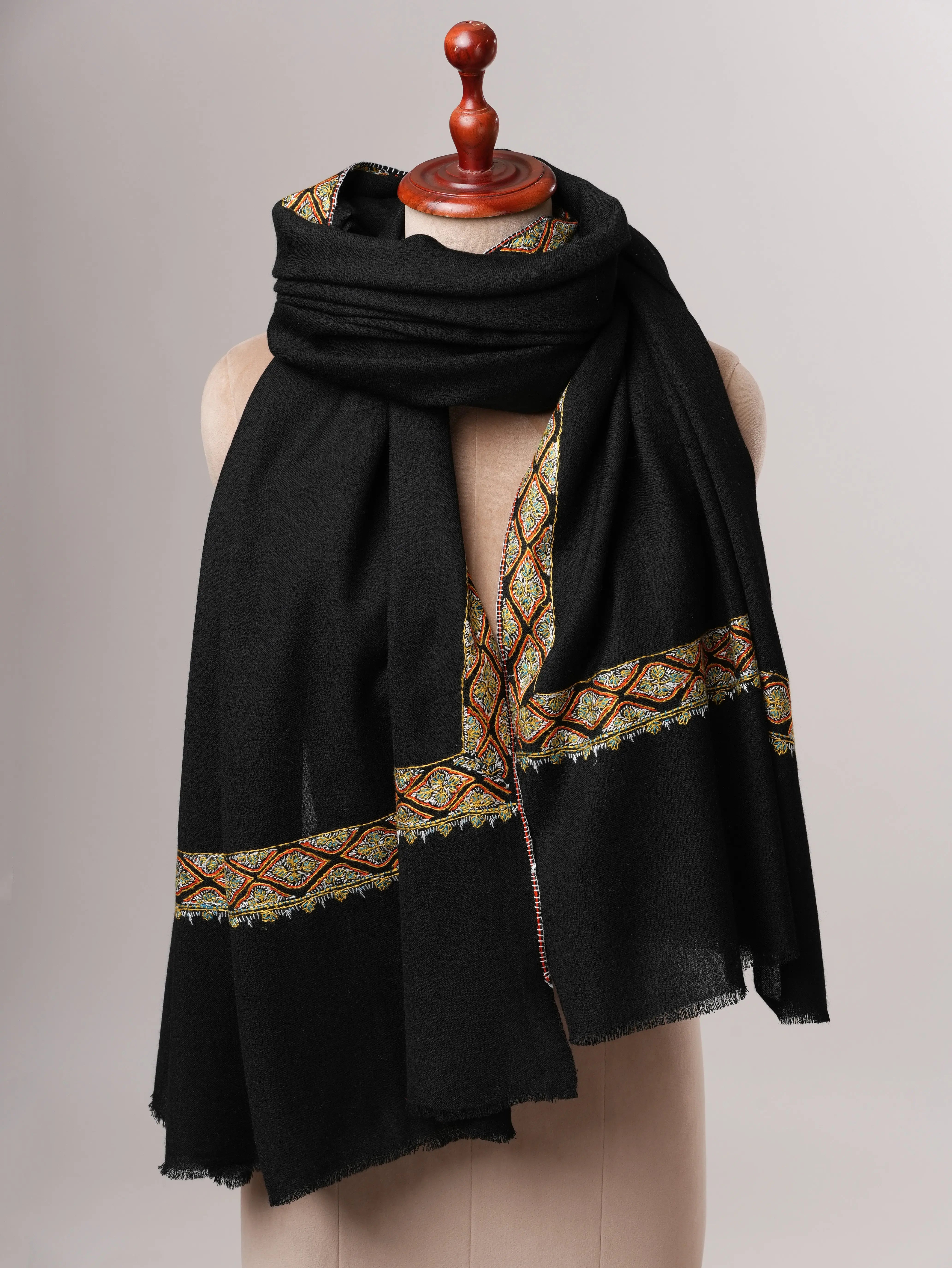 Classic Black Neemdaur Motif Hand Embroidered Fine Wool Shawl Shahkaar