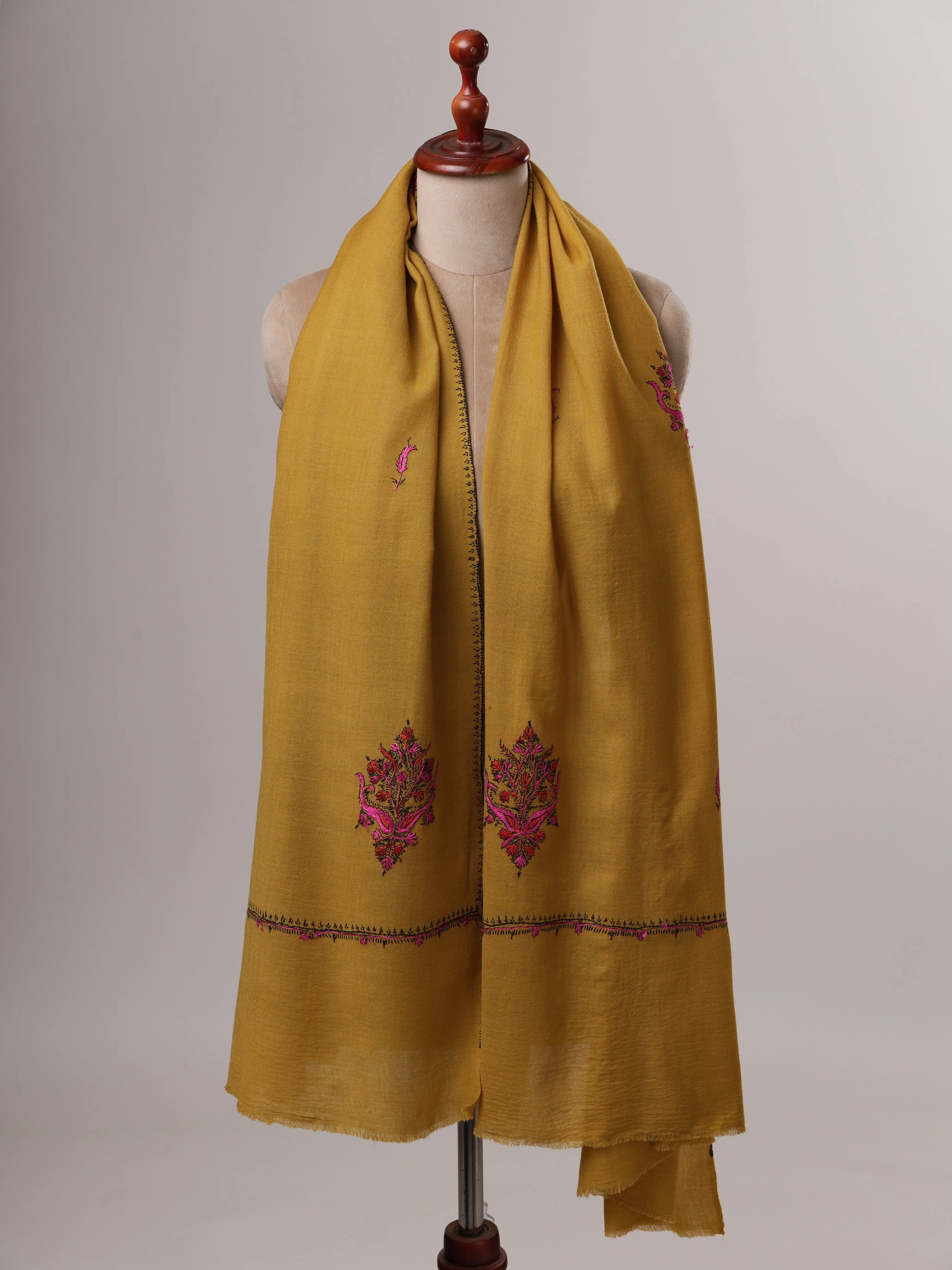 Fine Wool Shawl with Hand-Embroidered Aksi Buteh Motifs Shahkaar