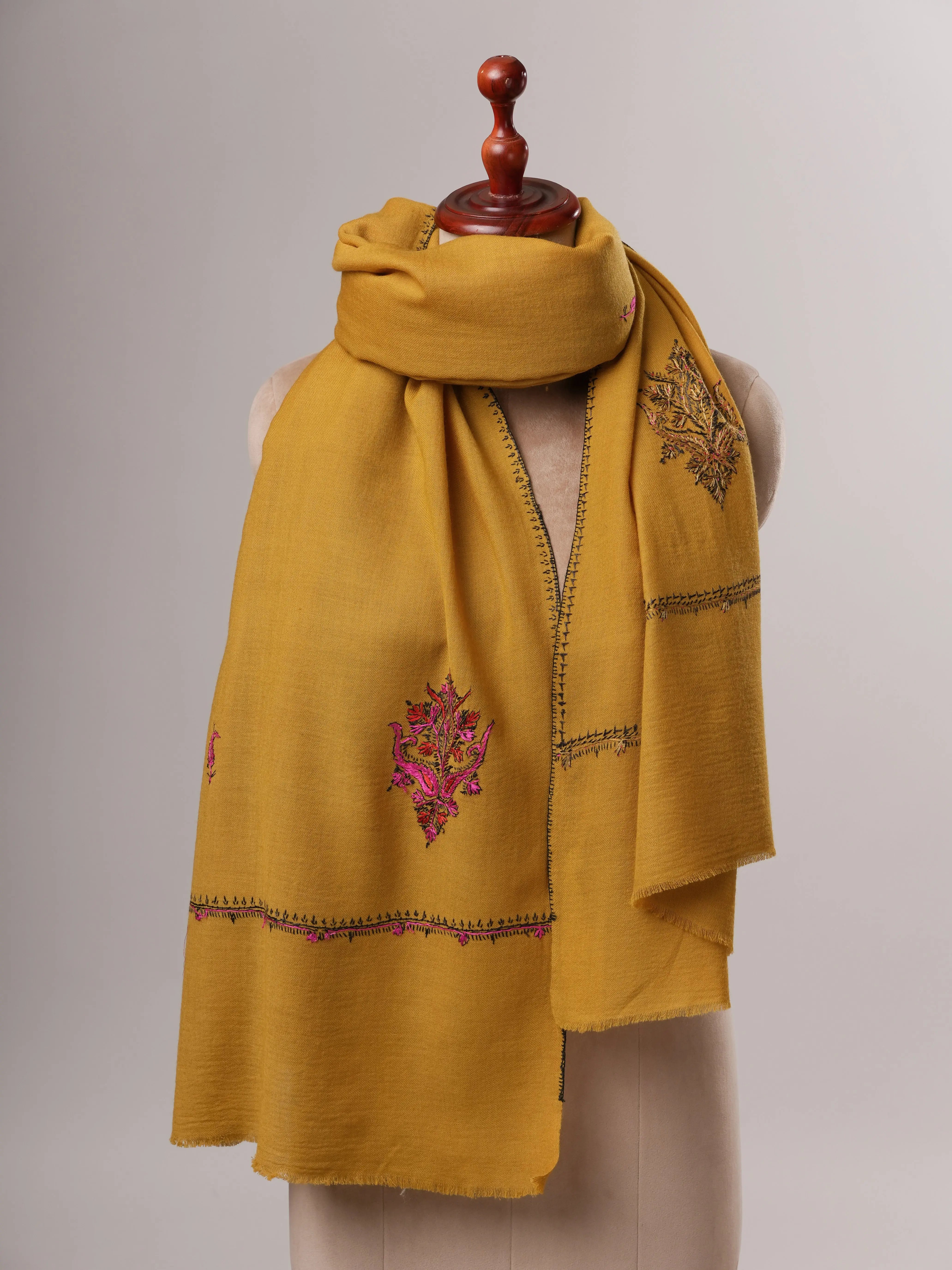 Fine Wool Shawl with Hand-Embroidered Aksi Buteh Motifs Shahkaar