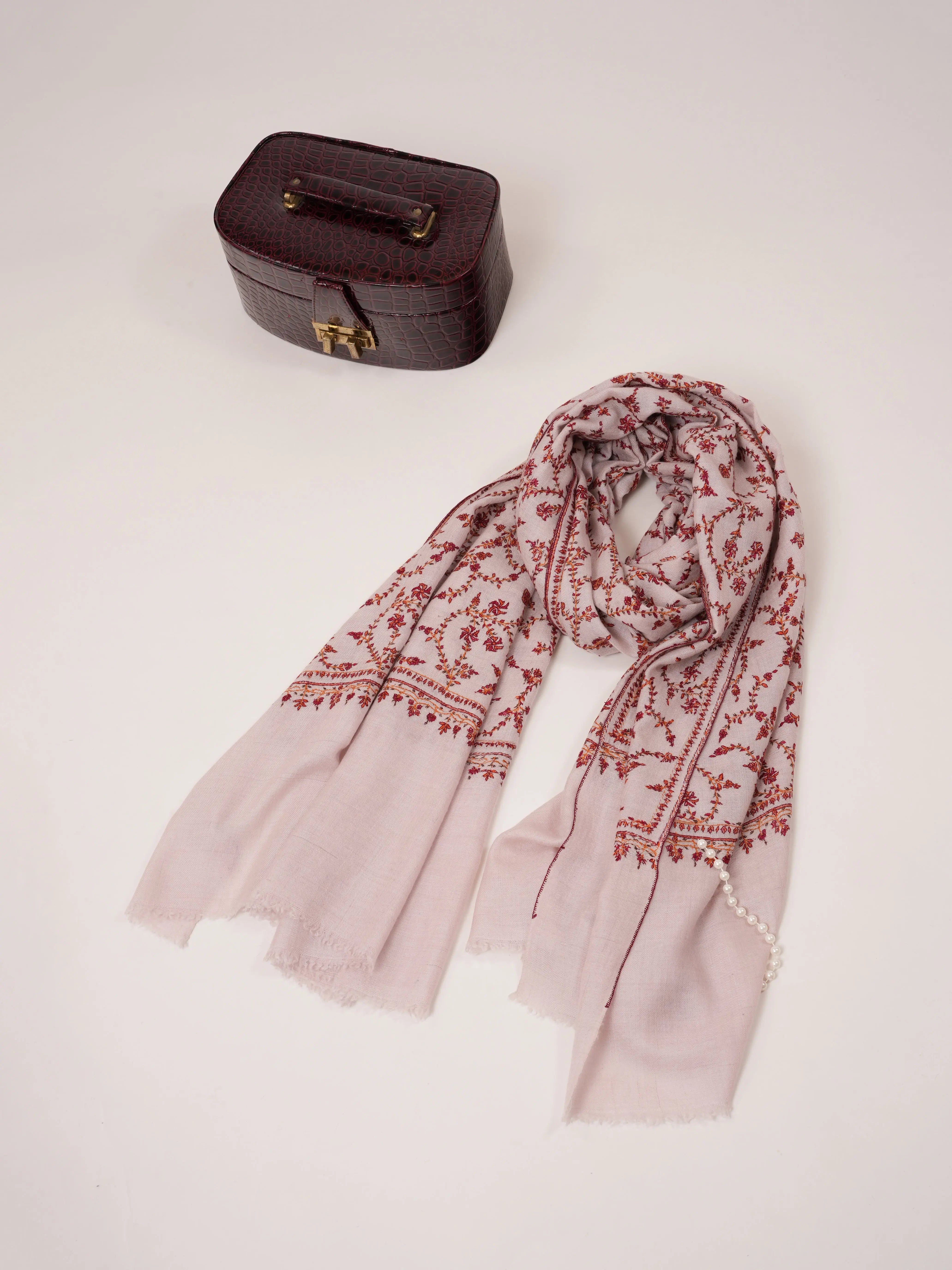 Baby Pink Pure Pashmina Shawl with Hand Sozni Embroidery Shahkaar.com